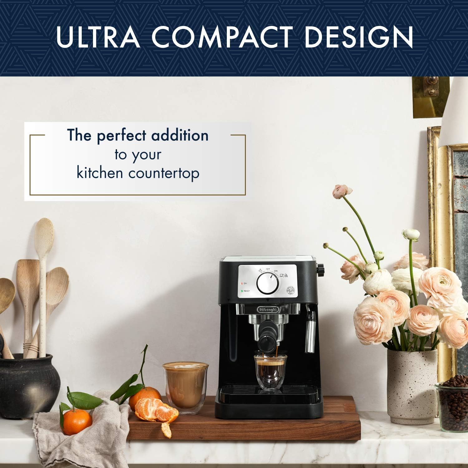 DeLonghi Stilosa 수동 에스프레소 머신, 라떼 카푸치노 메이커, 15바 펌프 압력 밀크 프로더 스팀 완드, 블랙/스테인리스, EC260BK, 13.5 x 8.07 x 11.22인치