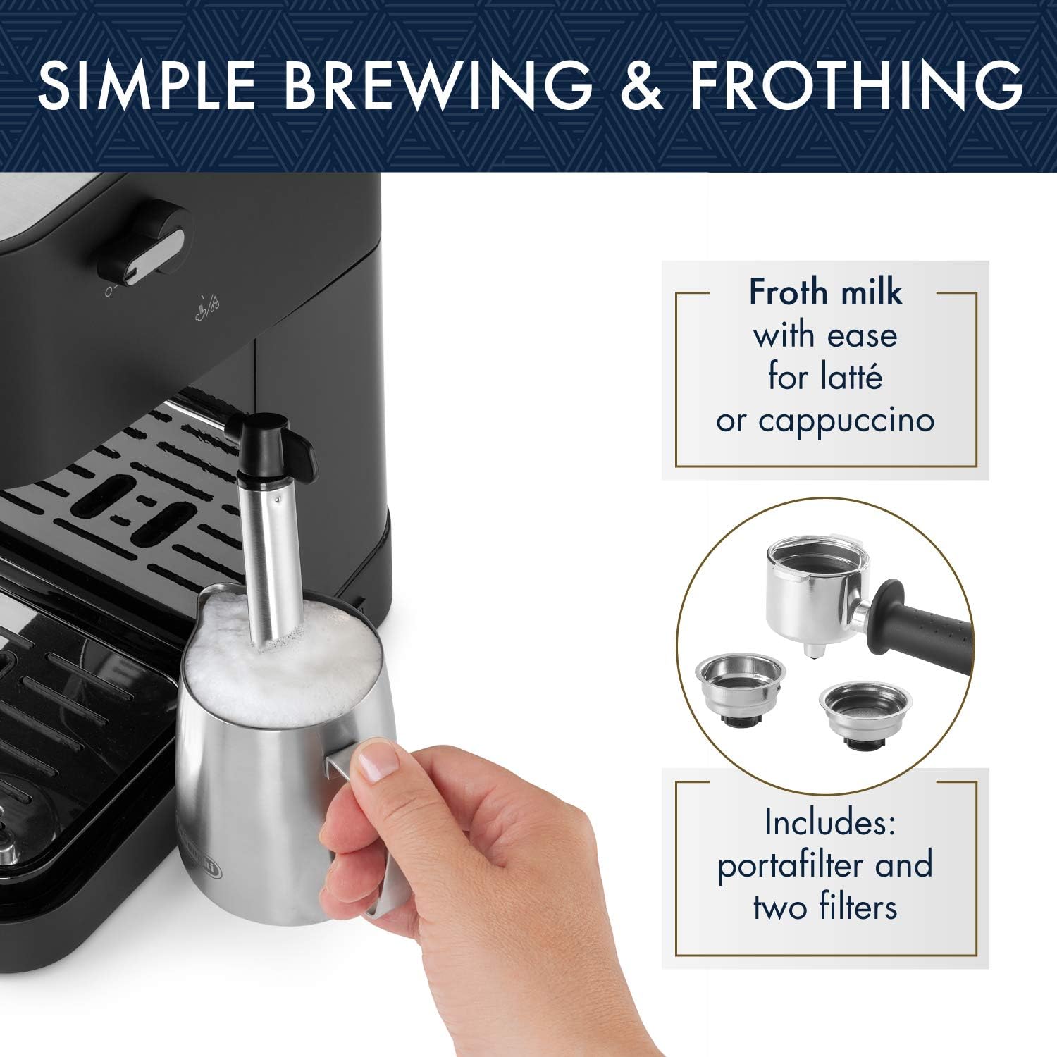 DeLonghi Stilosa 수동 에스프레소 머신, 라떼 카푸치노 메이커, 15바 펌프 압력 밀크 프로더 스팀 완드, 블랙/스테인리스, EC260BK, 13.5 x 8.07 x 11.22인치