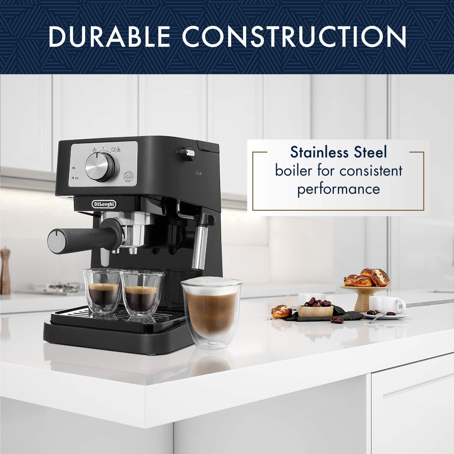DeLonghi Stilosa 수동 에스프레소 머신, 라떼 카푸치노 메이커, 15바 펌프 압력 밀크 프로더 스팀 완드, 블랙/스테인리스, EC260BK, 13.5 x 8.07 x 11.22인치