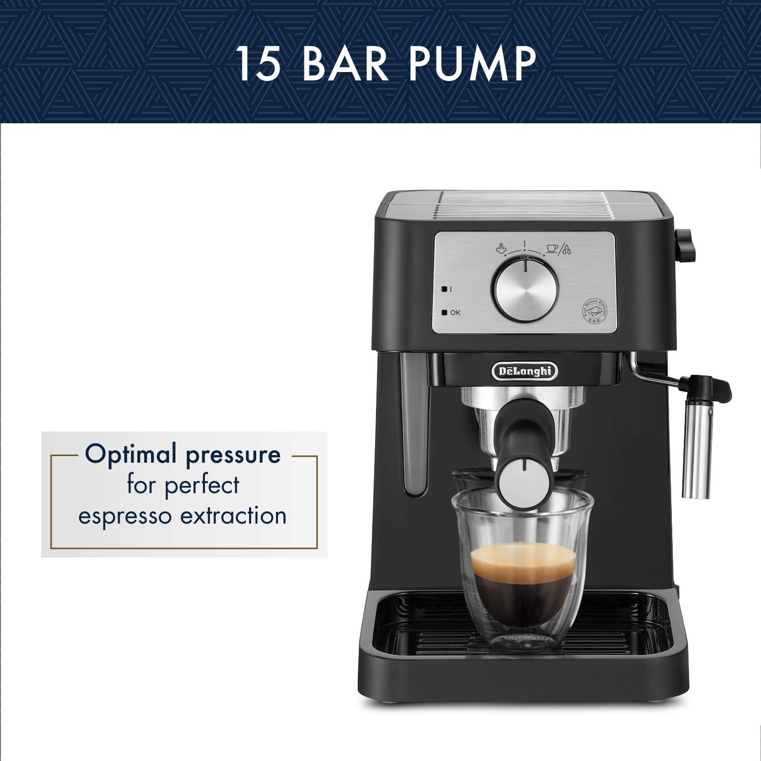 DeLonghi Stilosa 수동 에스프레소 머신, 라떼 카푸치노 메이커, 15바 펌프 압력 밀크 프로더 스팀 완드, 블랙/스테인리스, EC260BK, 13.5 x 8.07 x 11.22인치