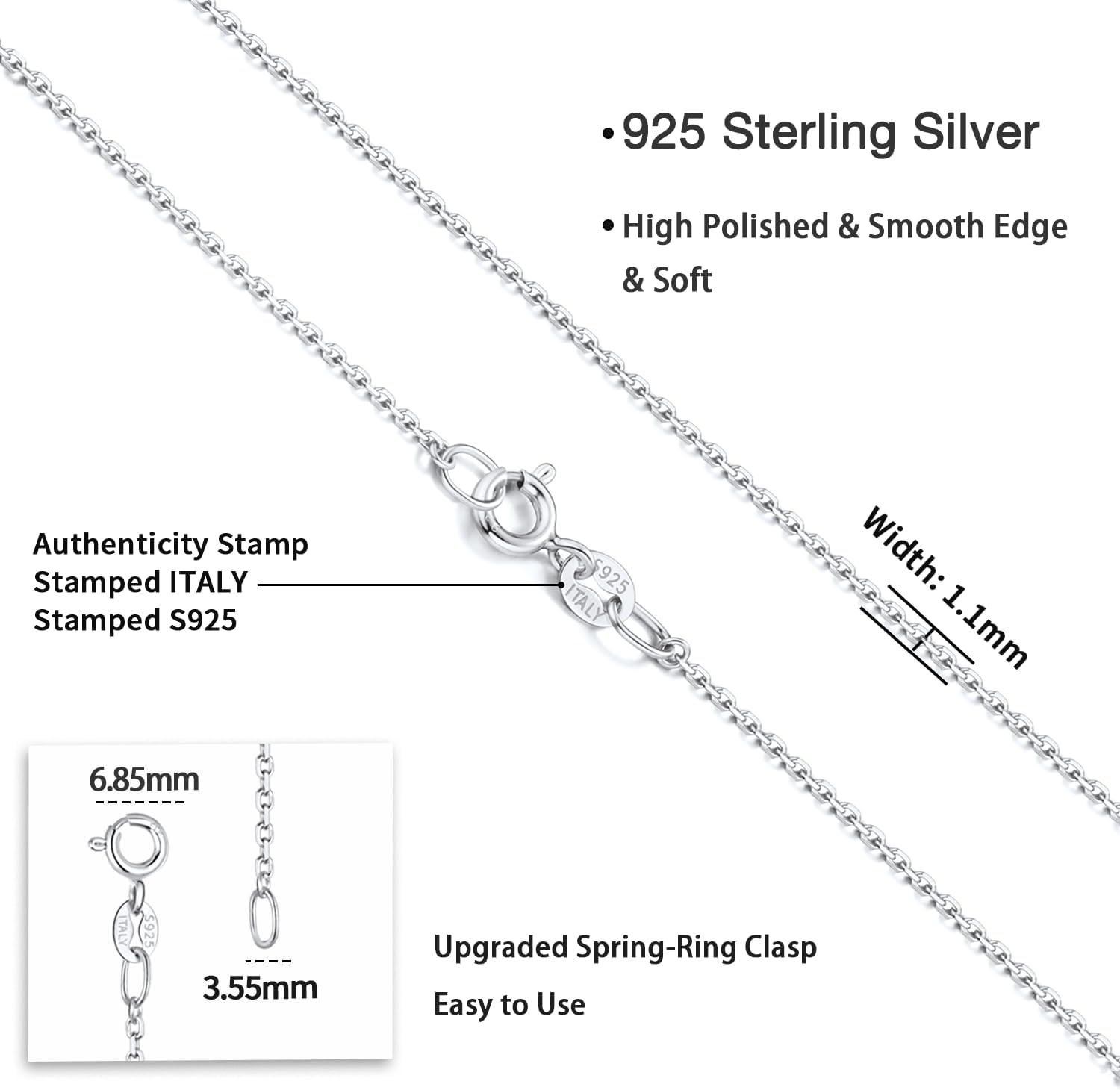 Jewlpire 925 Sterling Silver Chain Necklace Chain for Women 1.1mm Cable Chain Necklace Upgraded Spring-Ring Clasp - Thin Sturdy - Italian Quality 16/18/20/22/24 Inch · v11