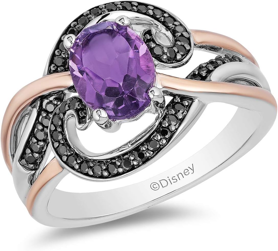 Jewelili Enchanted Disney Fine Jewelry แหวนเงินสเตอร์ลิง 14K Rose Gold ประดับโรเดียมสีดำและพลอยอเมทิสต์ Ursula Ring