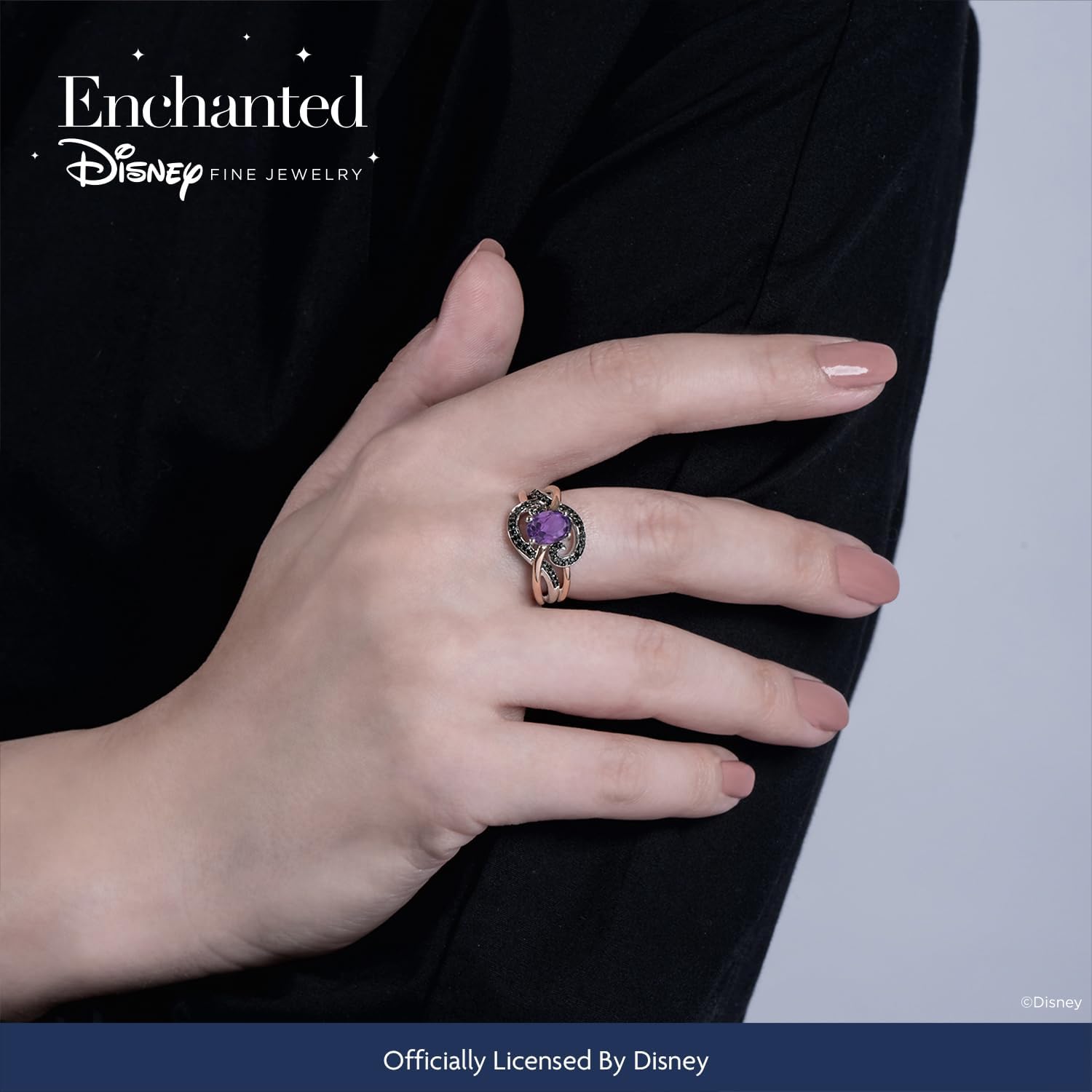 Jewelili Enchanted Disney Fine Jewelry แหวนเงินสเตอร์ลิง 14K Rose Gold ประดับโรเดียมสีดำและพลอยอเมทิสต์ Ursula Ring