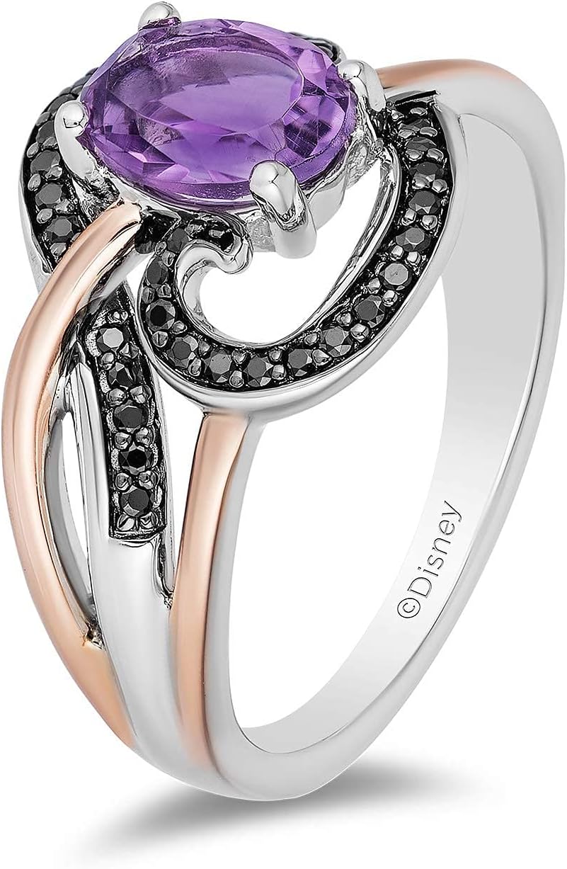 Jewelili Enchanted Disney Fine Jewelry แหวนเงินสเตอร์ลิง 14K Rose Gold ประดับโรเดียมสีดำและพลอยอเมทิสต์ Ursula Ring