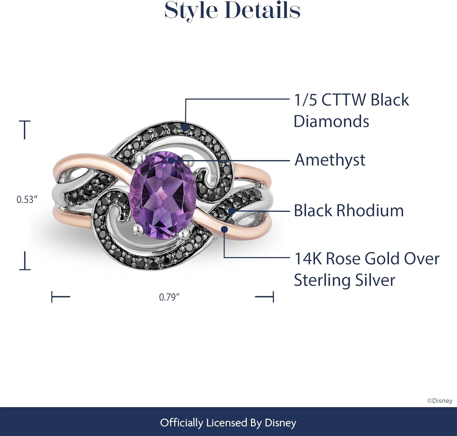 Jewelili Enchanted Disney Fine Jewelry แหวนเงินสเตอร์ลิง 14K Rose Gold ประดับโรเดียมสีดำและพลอยอเมทิสต์ Ursula Ring