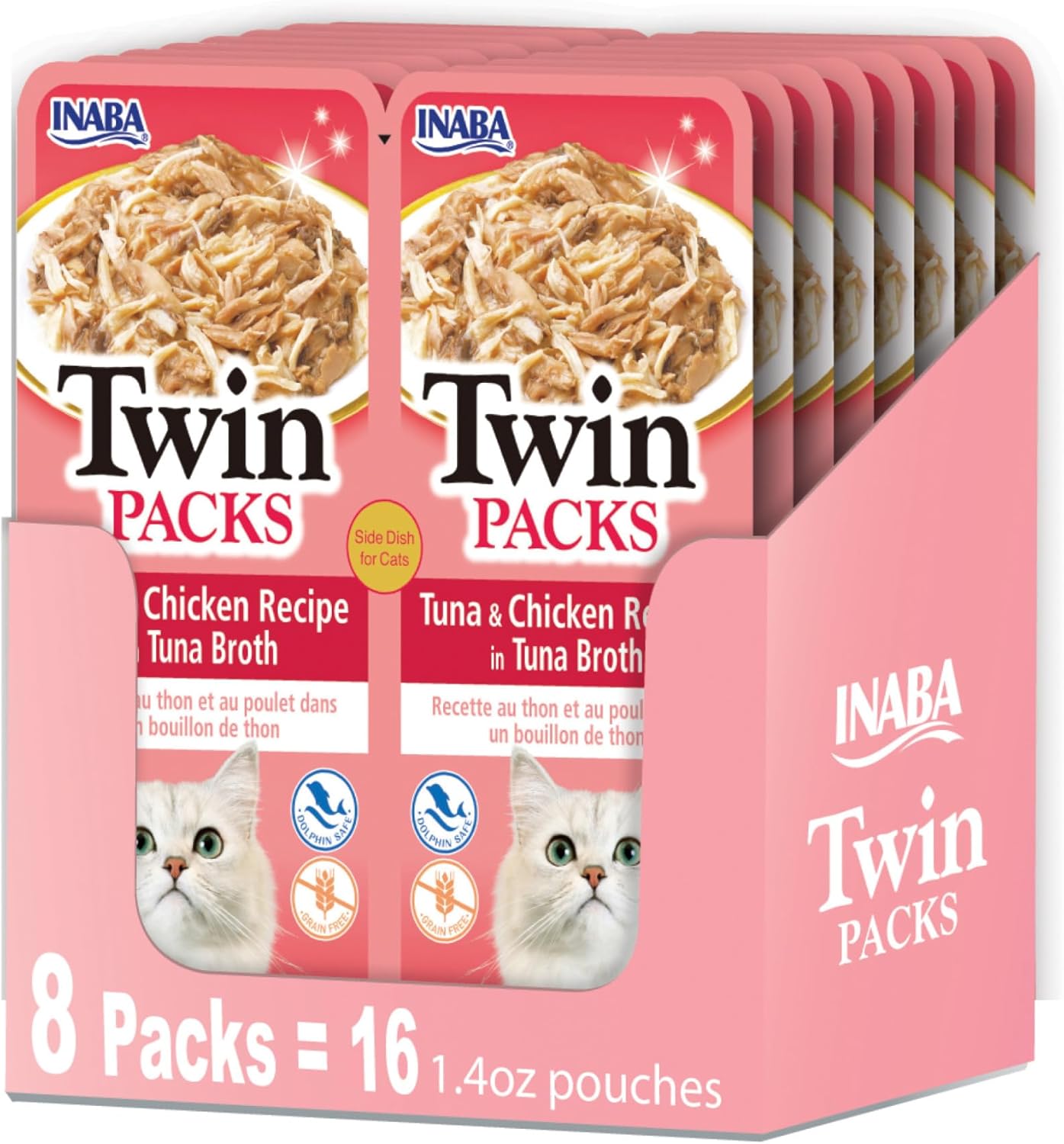 Paquetes dobles INABA para gatos, caldo de pollo desmenuzado, gelatina, guarnición o bolsa, 1.4 onzas por porción, 16 porciones, amplificador de atún; receta de pollo en caldo de atún