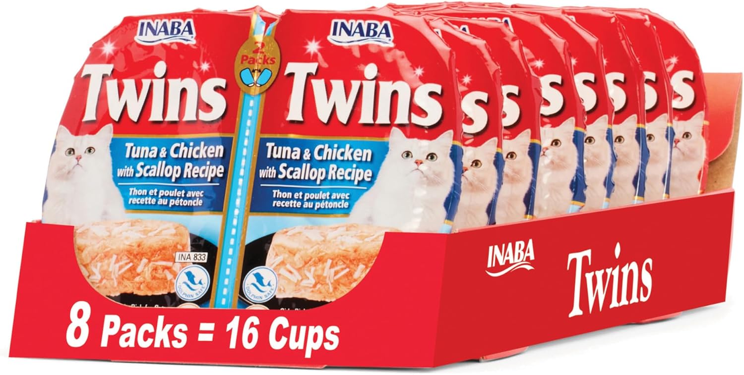INABA Twins para gatos, caldo de pollo desmenuzado, guarnición o aderezo, 1,23 onzas por porción, 16 porciones, amplificador de atún; receta de pollo con vieiras