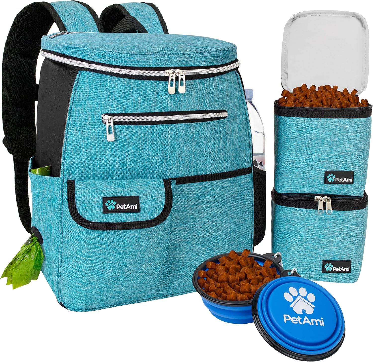 PetAmi Dog Travel Bag Backpack, Airline Approved Dog Bags for Traveling, Puppy Diaper Bag Supplies, Pet Camping Essentials Hiking Accessories Dog Mom Gift, Food Container, Collapsible Bowls, Teal Blue · v14