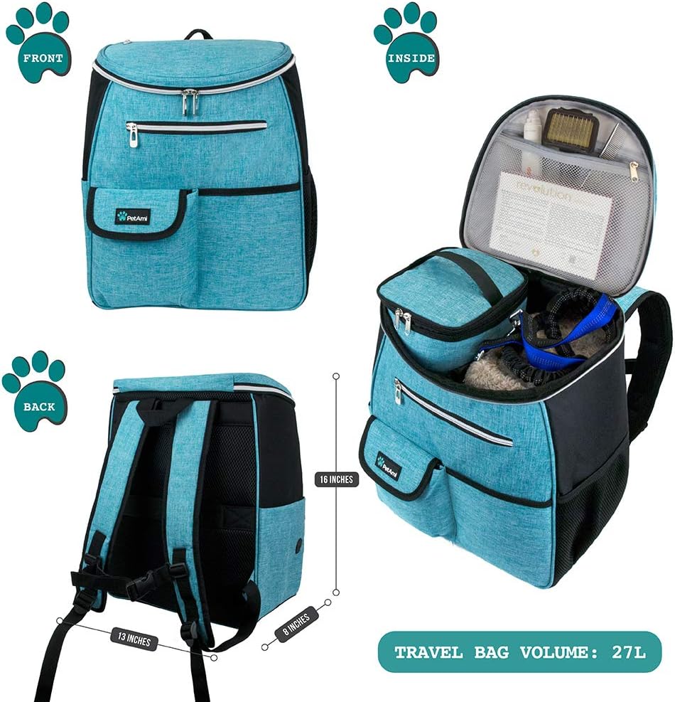PetAmi Dog Travel Bag Backpack, Airline Approved Dog Bags for Traveling, Puppy Diaper Bag Supplies, Pet Camping Essentials Hiking Accessories Dog Mom Gift, Food Container, Collapsible Bowls, Teal Blue · v14