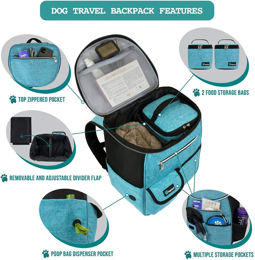 PetAmi Dog Travel Bag Backpack, Airline Approved Dog Bags for Traveling, Puppy Diaper Bag Supplies, Pet Camping Essentials Hiking Accessories Dog Mom Gift, Food Container, Collapsible Bowls, Teal Blue · v14