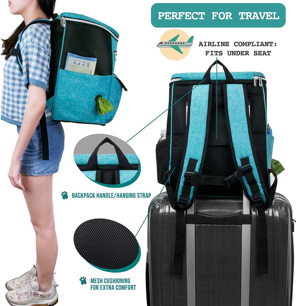 PetAmi Dog Travel Bag Backpack, Airline Approved Dog Bags for Traveling, Puppy Diaper Bag Supplies, Pet Camping Essentials Hiking Accessories Dog Mom Gift, Food Container, Collapsible Bowls, Teal Blue · v14
