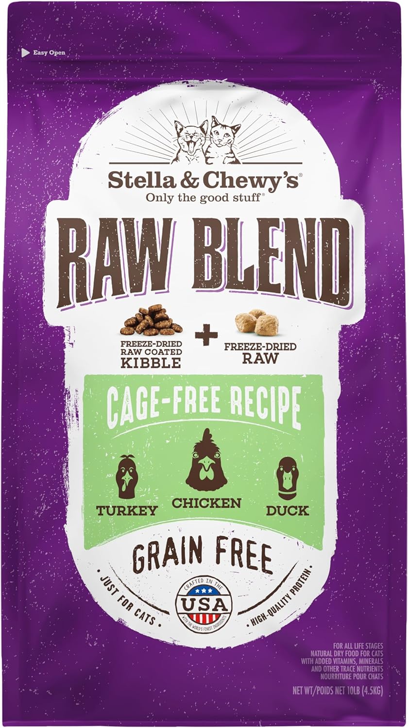 Comida para gatos Stella Chewys Raw Blend de primera calidad, sin cereales y ricas en proteínas, receta de aves de corral sin jaulas, bolsa de 10 libras
