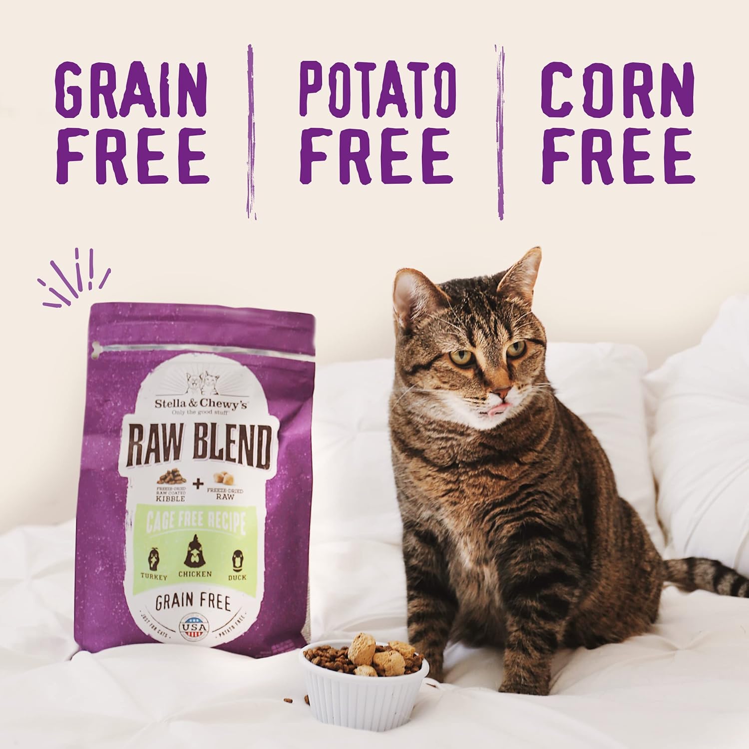 Comida para gatos Stella Chewys Raw Blend de primera calidad, sin cereales y ricas en proteínas, receta de aves de corral sin jaulas, bolsa de 10 libras