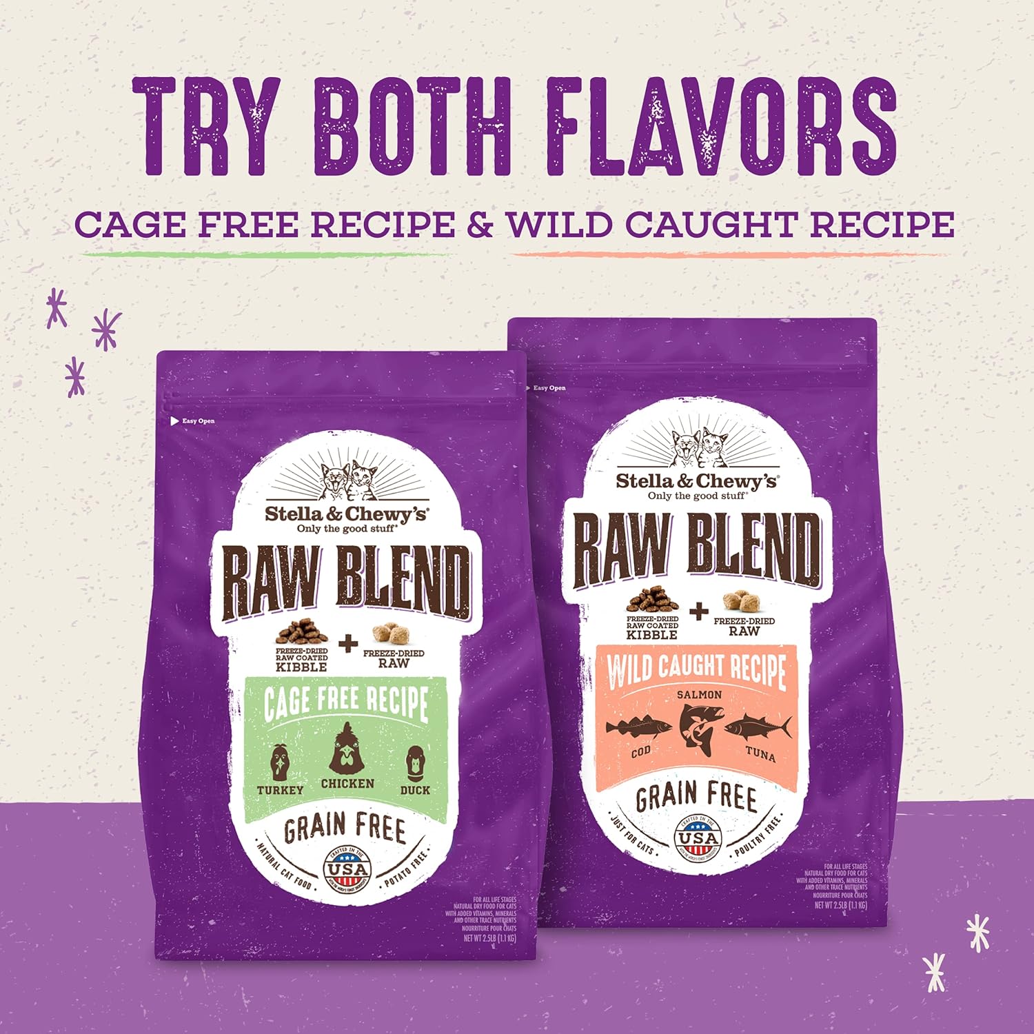 Comida para gatos Stella Chewys Raw Blend de primera calidad, sin cereales y ricas en proteínas, receta de aves de corral sin jaulas, bolsa de 10 libras