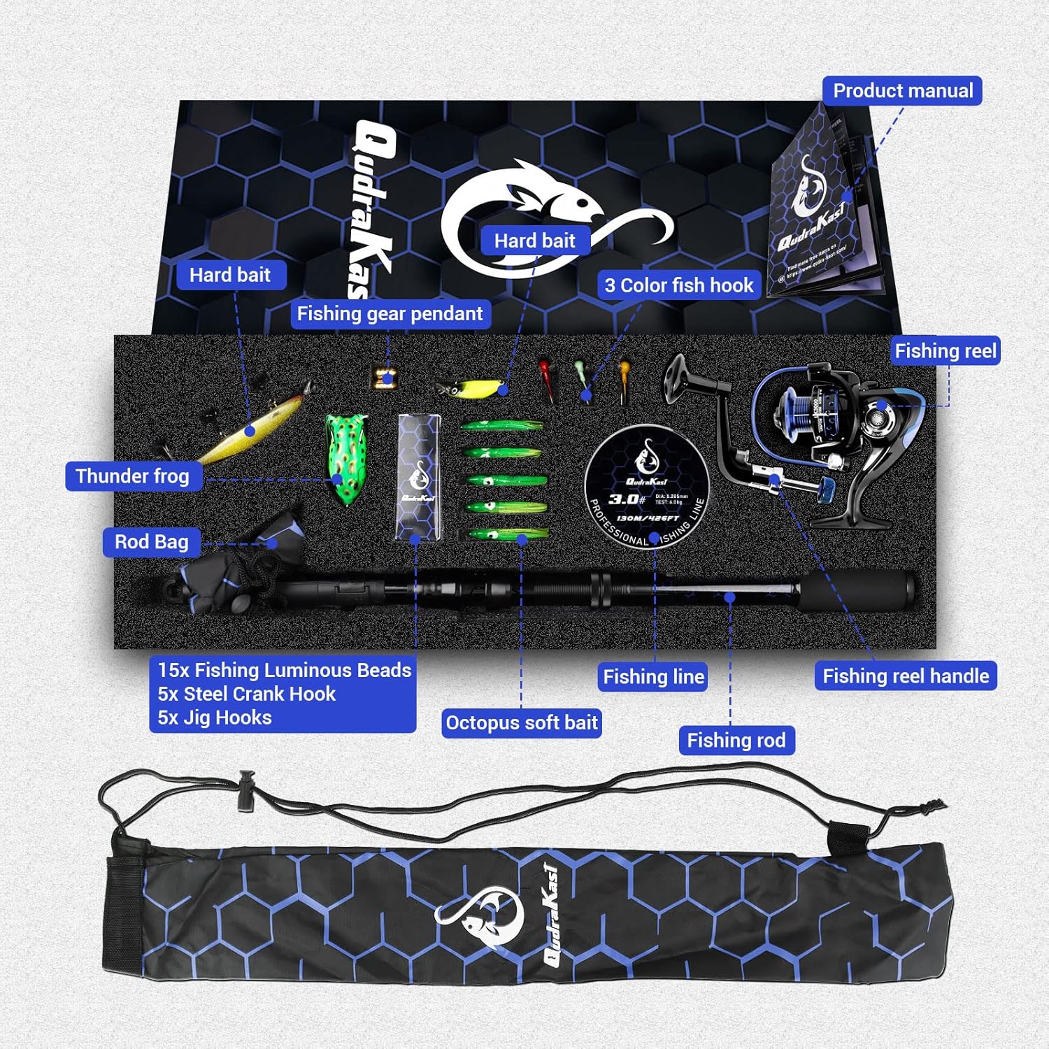 Combinazioni canna da pesca e mulinello, design unico con verniciatura X-Warping, canna da pesca telescopica in fibra di carbonio con kit combinato di mulinelli con scatola per attrezzatura, il miglior regalo per principianti e pescatori