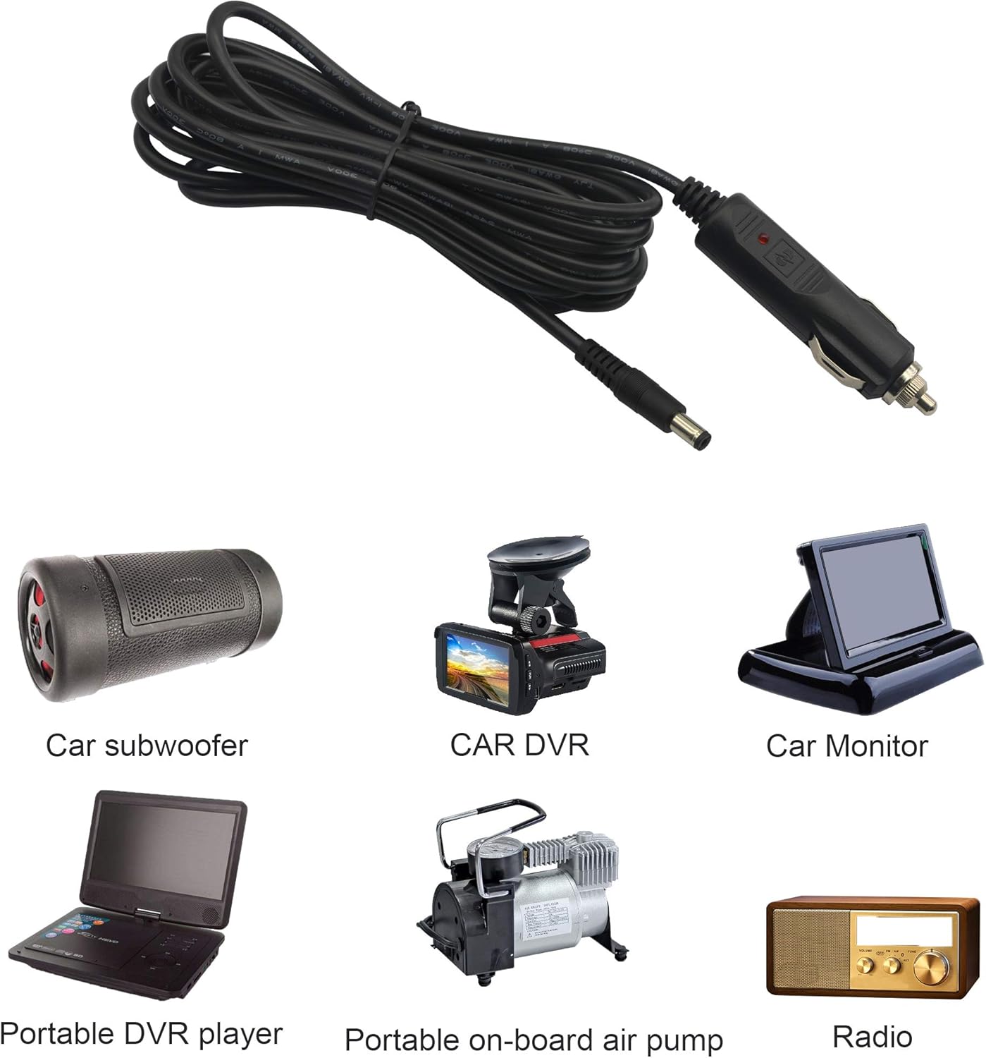 12V 24 V DC 5.5mm x 2.1mm Car Cigarette Lighter Extension Power Supply Adapter Cable with LED for Car Truck Bus Van(10FT) · v5