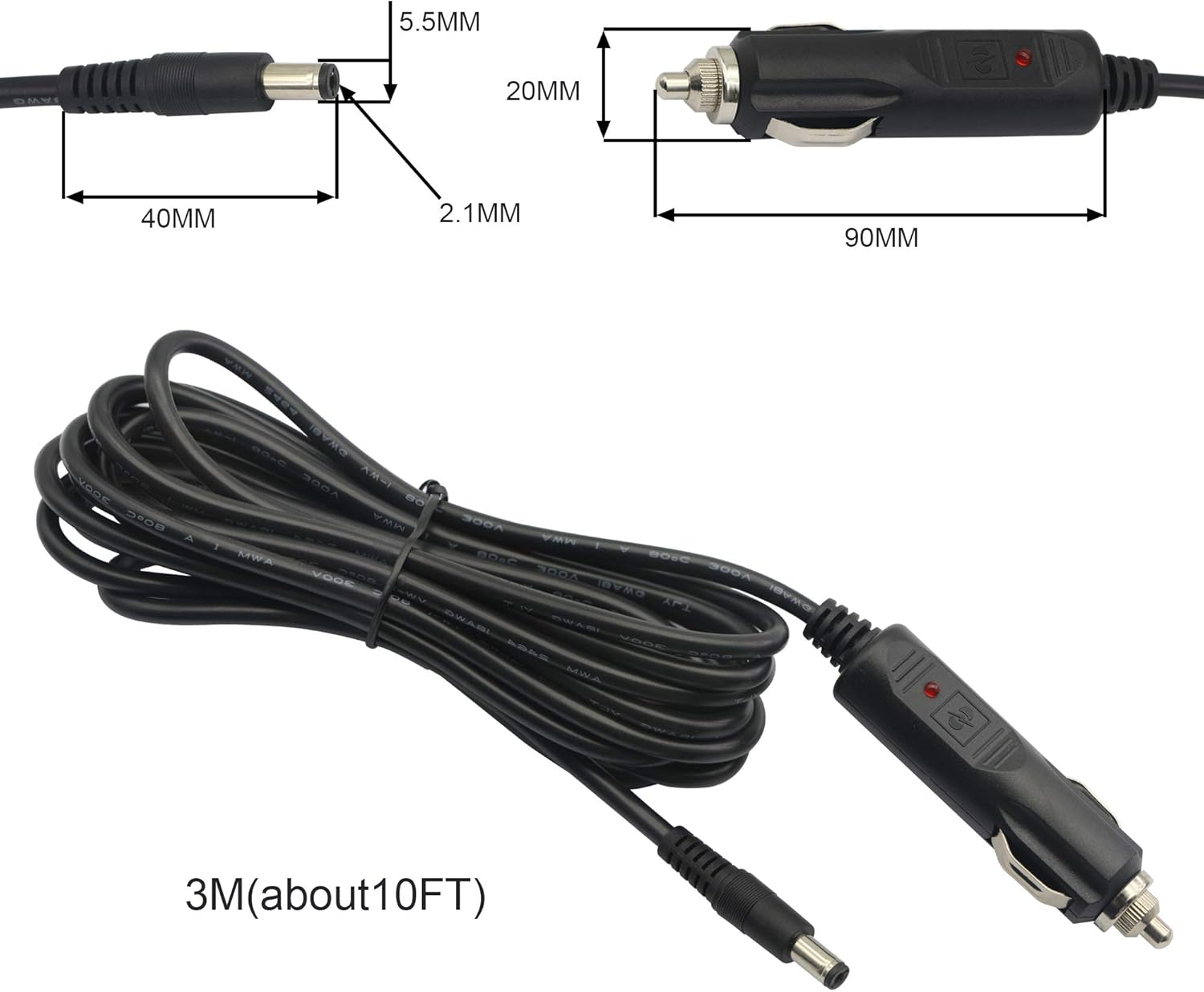 12V 24 V DC 5.5mm x 2.1mm Car Cigarette Lighter Extension Power Supply Adapter Cable with LED for Car Truck Bus Van(10FT) · v5