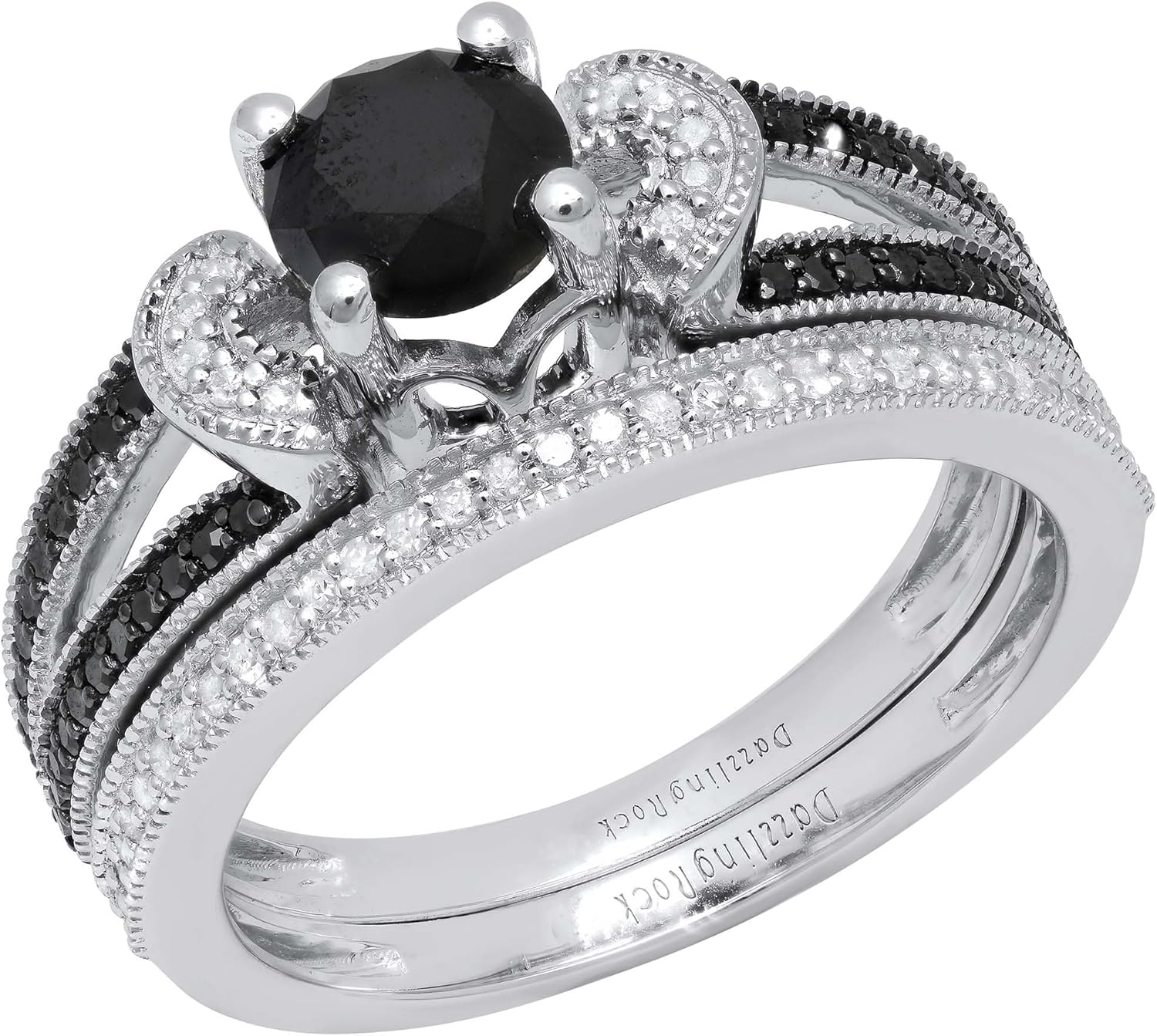 Collezione Dazzlingrock, collare in stile solitario con diamante nero rotondo da 6 mm, con diamante bianco, set di fedi nuziali per lei in argento sterling 925