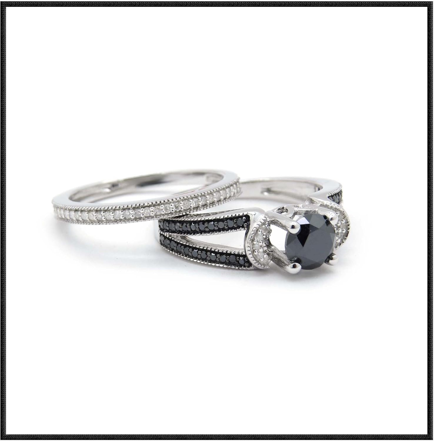 Collezione Dazzlingrock, collare in stile solitario con diamante nero rotondo da 6 mm, con diamante bianco, set di fedi nuziali per lei in argento sterling 925