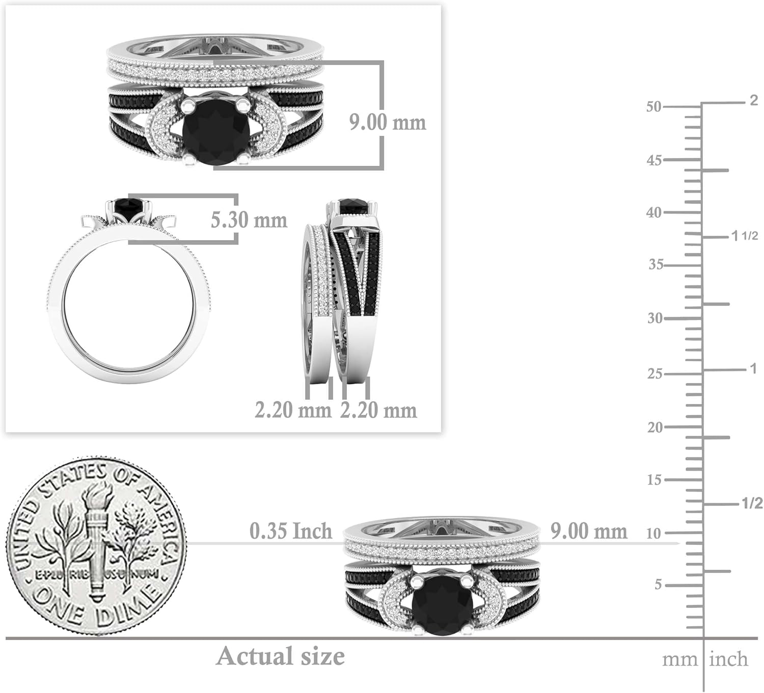 Collezione Dazzlingrock, collare in stile solitario con diamante nero rotondo da 6 mm, con diamante bianco, set di fedi nuziali per lei in argento sterling 925