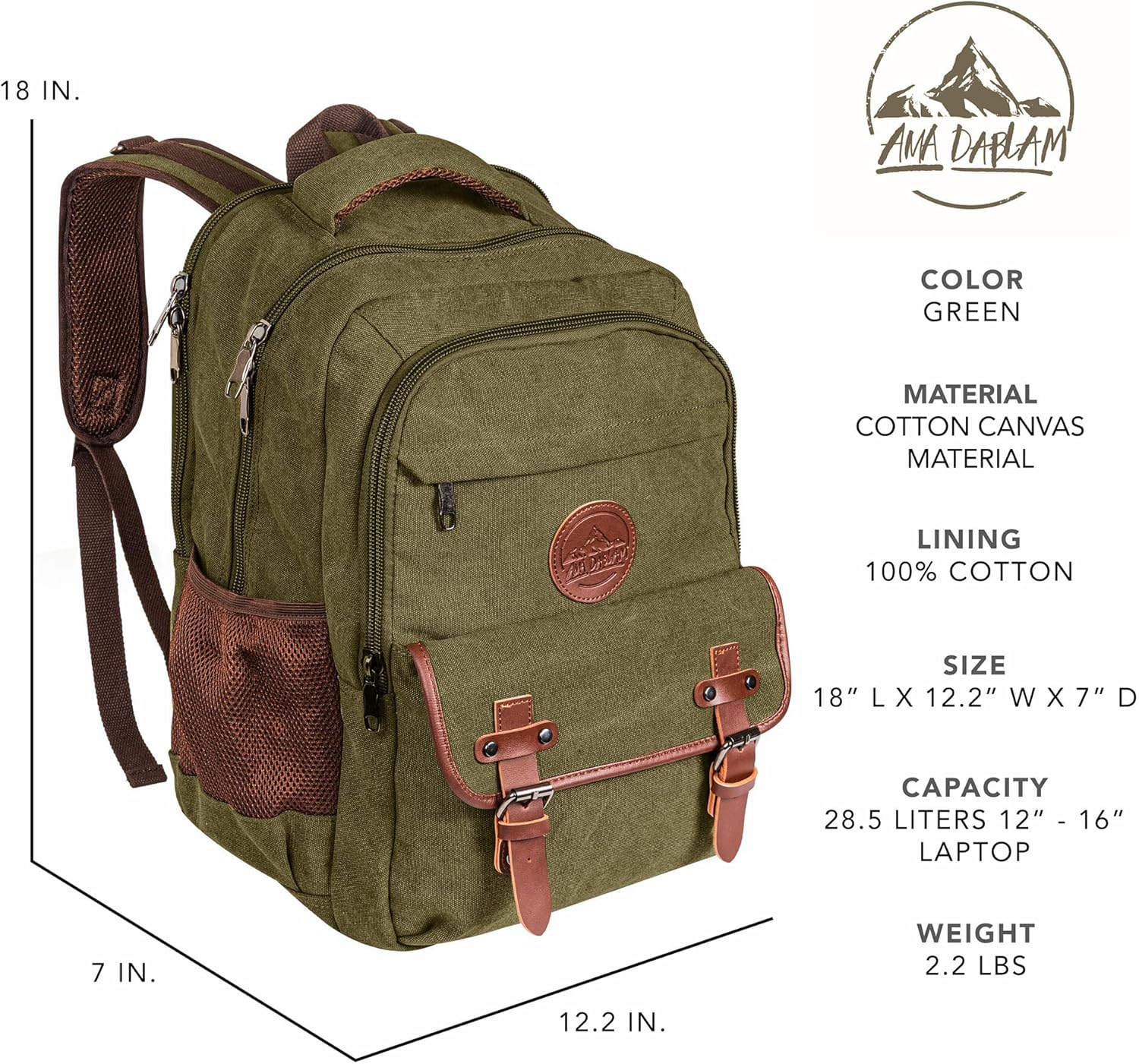 Ama Dablam Original Canvas Backpack | 18” Laptop Pocket | XL Size - 30L | Many Pockets | Durable Zippers · v6