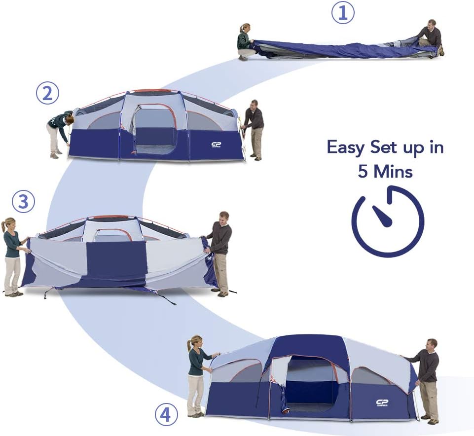 CAMPROS CP Tent 8 Person Camping Tents, Weather Resistant Family Tent, 5 Large Mesh Windows, Double Layer, Divided Curtain for Separated Room, Portable with Carry Bag