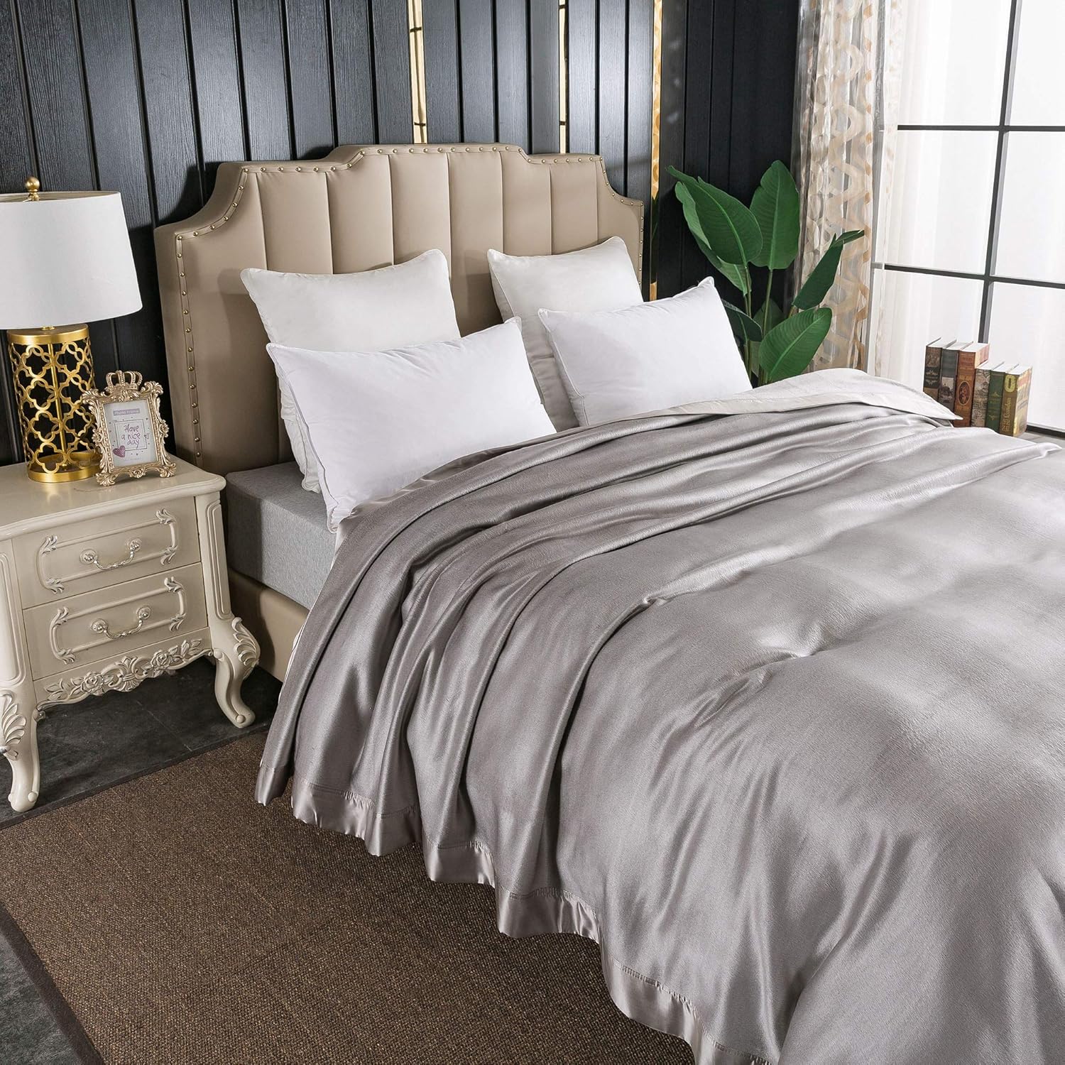 EP Mode Luxury Mulberry Silk Blanket with Silk Charmeuse Border (Flint Grey, King 106 x 88") · v2