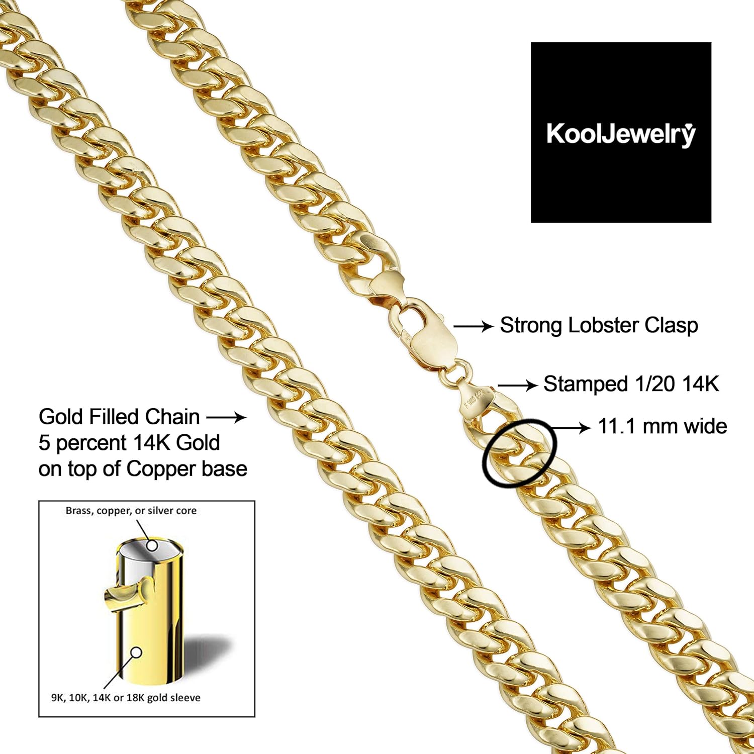 สร้อยข้อมือแบบโซ่คิวบาไมอามีชุบทอง 14k (11.1 มม. 9 นิ้ว) - เครื่องประดับสำหรับผู้ชาย