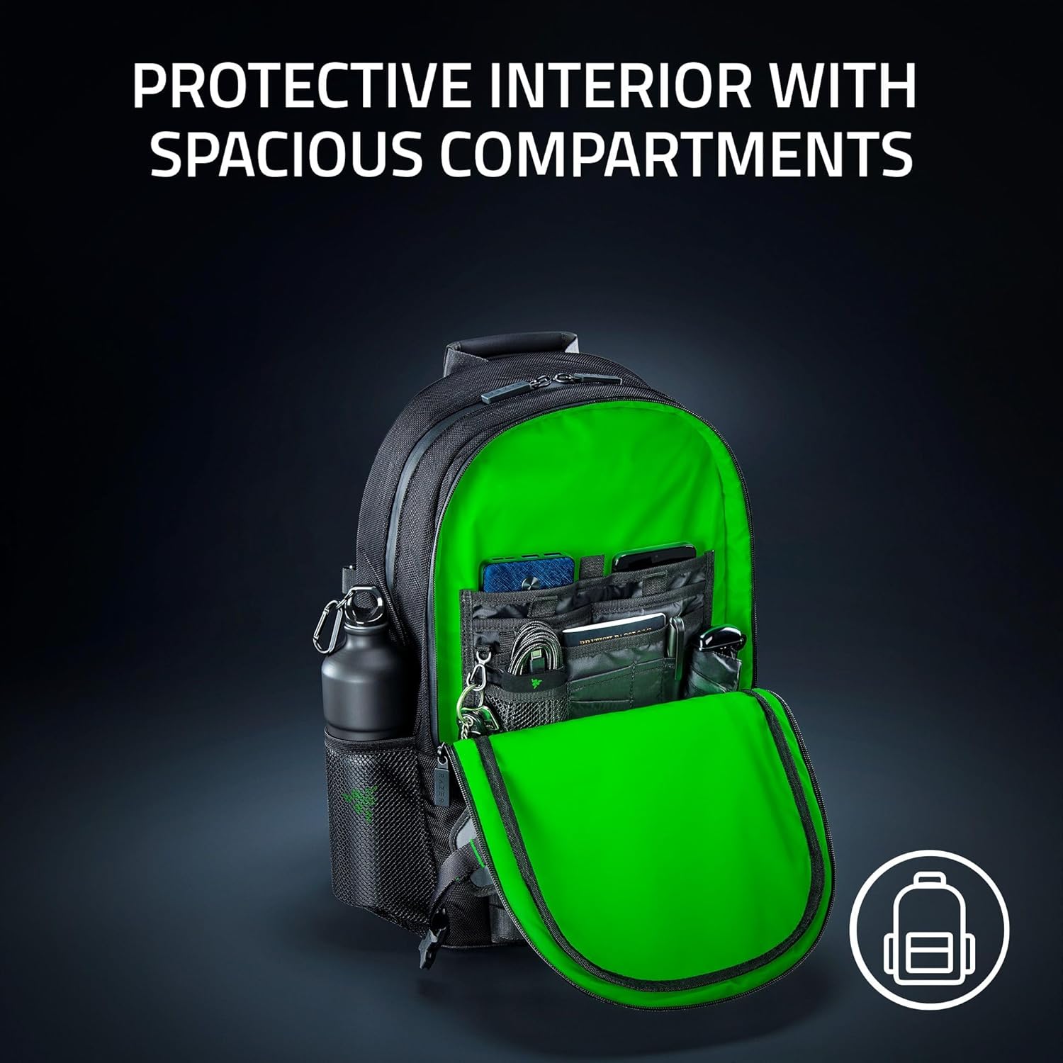 Razer Rogue v3 16 Gaming-Laptop-Rucksack: Computertasche zum Mitnehmen — reiß- und wasserfest — Seitentasche aus Mesh — für ein 16-Zoll-Notebook — Schwarz