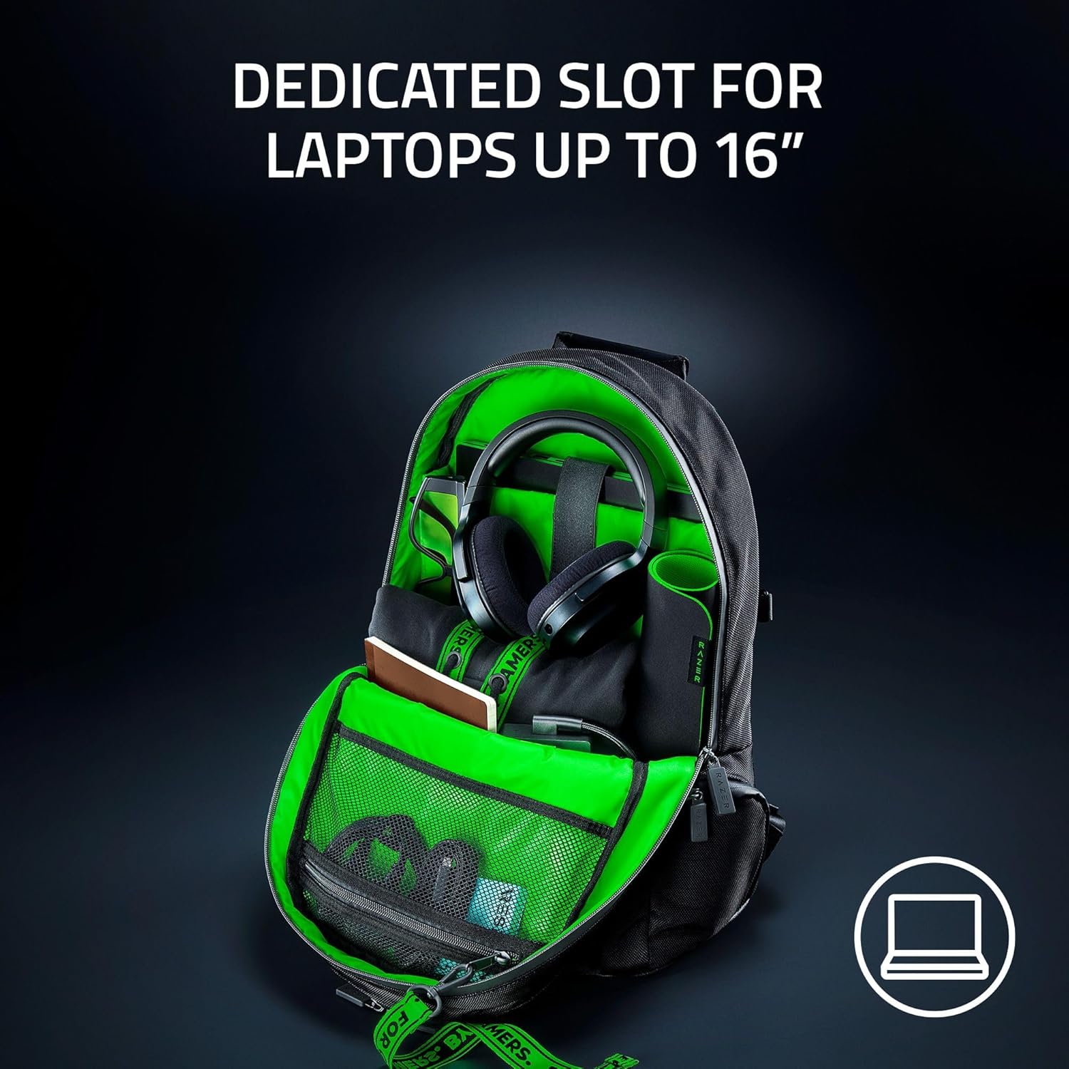 Razer Rogue v3 16 Gaming-Laptop-Rucksack: Computertasche zum Mitnehmen — reiß- und wasserfest — Seitentasche aus Mesh — für ein 16-Zoll-Notebook — Schwarz