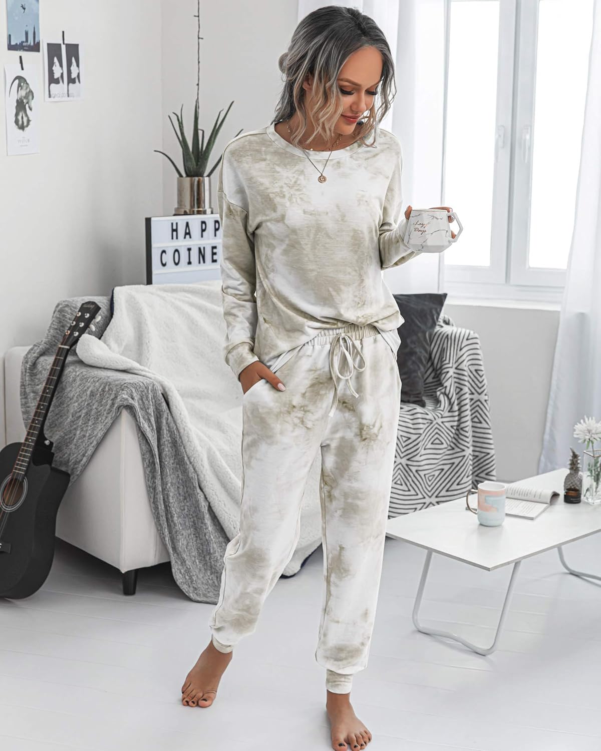 PRETTYGARDEN Set pigiama in due pezzi da donna tie dye felpa casual a maniche lunghe con pantaloni lunghi Loungewear