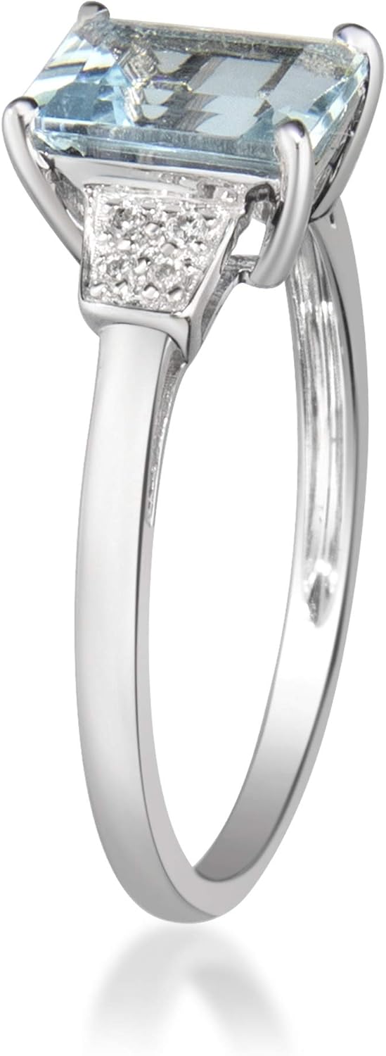 Anello con acquamarina blu autentica Gin Grace 10 carati in oro bianco 10 carati con diamanti per donna | Gioielli fatti a mano in acquamarina etica, autentica e biologica (taglio smeraldo) per lei | Anello con acquamarina da donna
