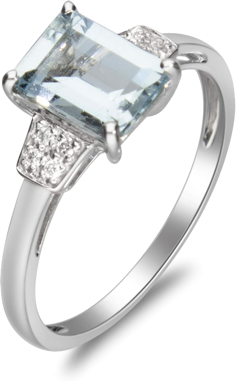 Anello con acquamarina blu autentica Gin Grace 10 carati in oro bianco 10 carati con diamanti per donna | Gioielli fatti a mano in acquamarina etica, autentica e biologica (taglio smeraldo) per lei | Anello con acquamarina da donna