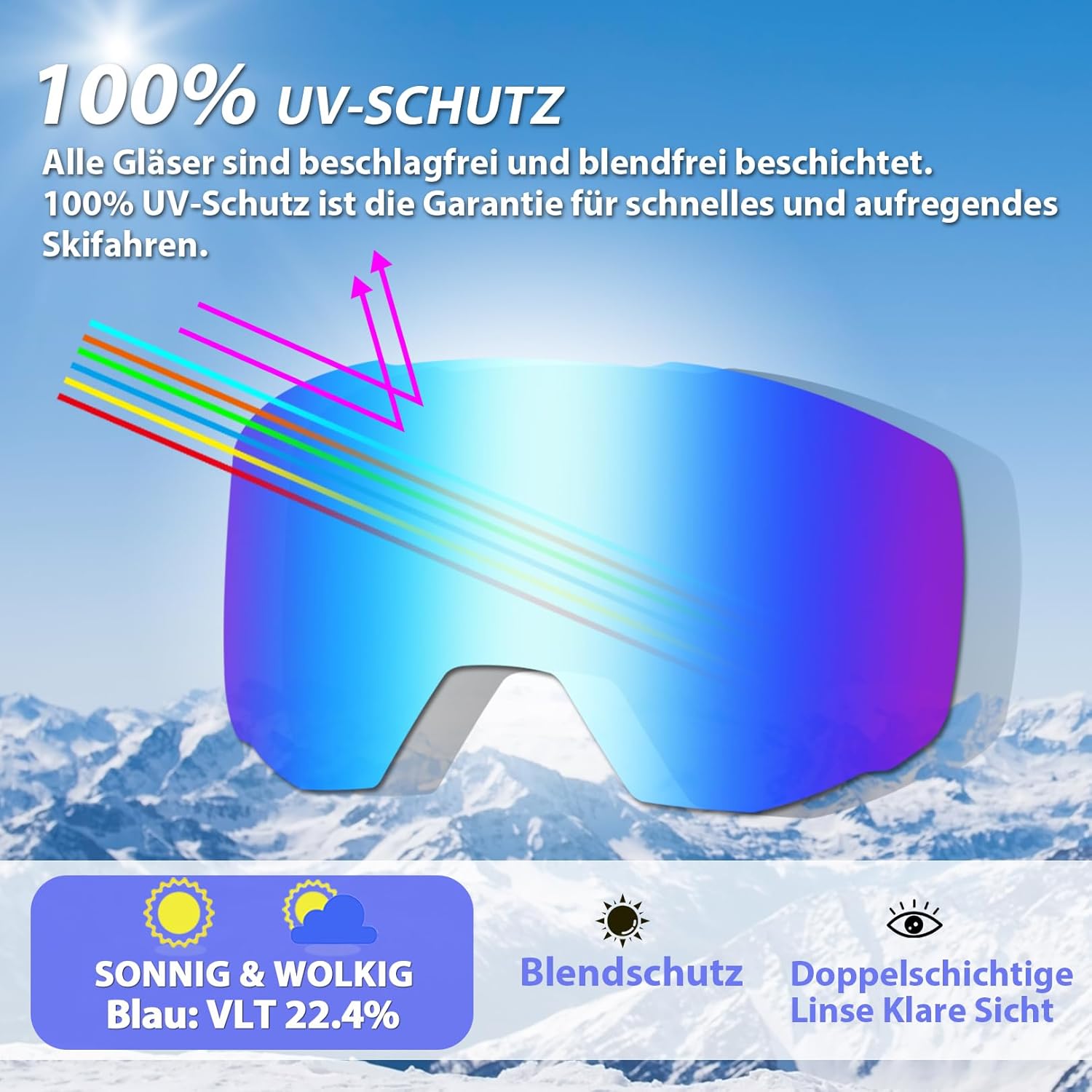 EXP VISION Ski-/Snowboardbrille für Herren und Damen, OTG Schneebrille, Antibeschlagschutz, UV-Schutz