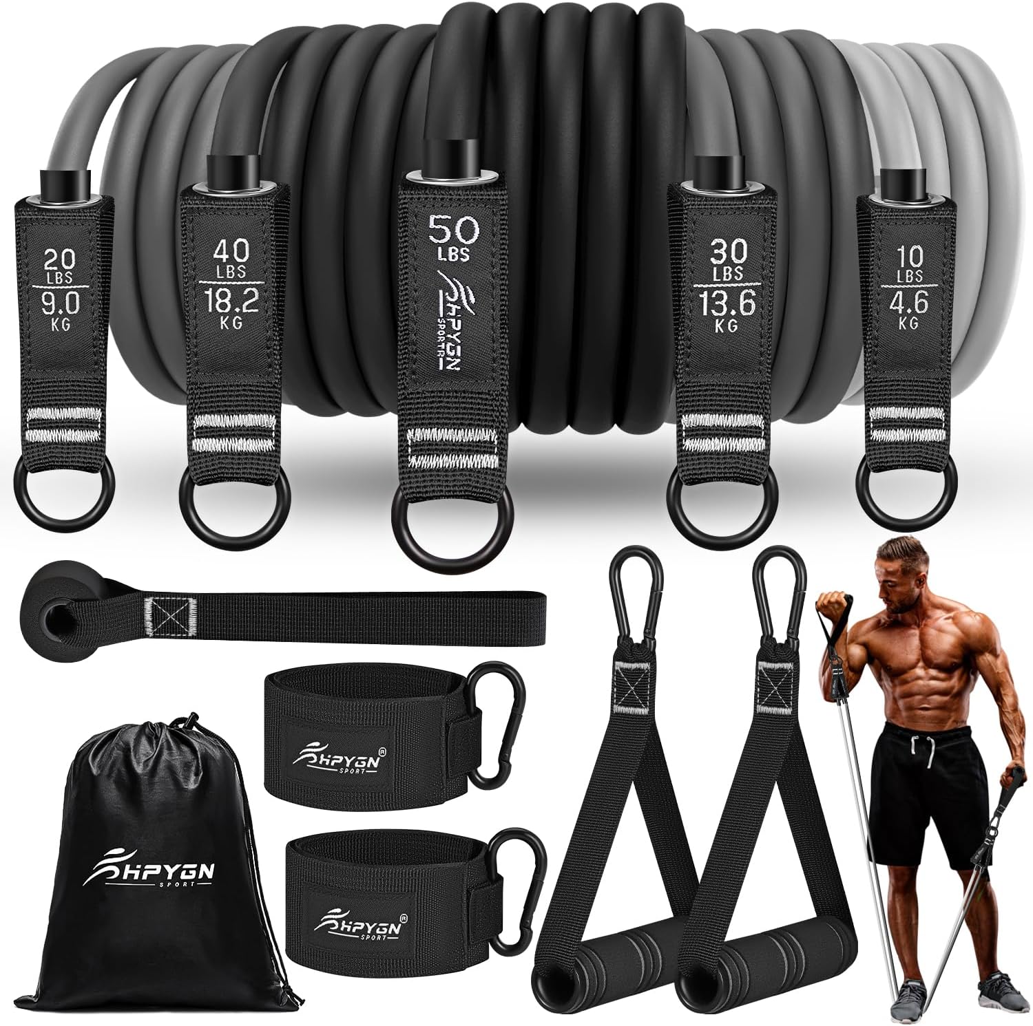 Ensemble de bandes de résistance, bandes de résistance HPYGN de 150 livres, 200 livres et 250 livres avec poignées, 5 bandes de fitness tubulaires avec ancrage de porte, poignées, sac portable, jambes, sangles de cheville pour l'entraînement musculaire