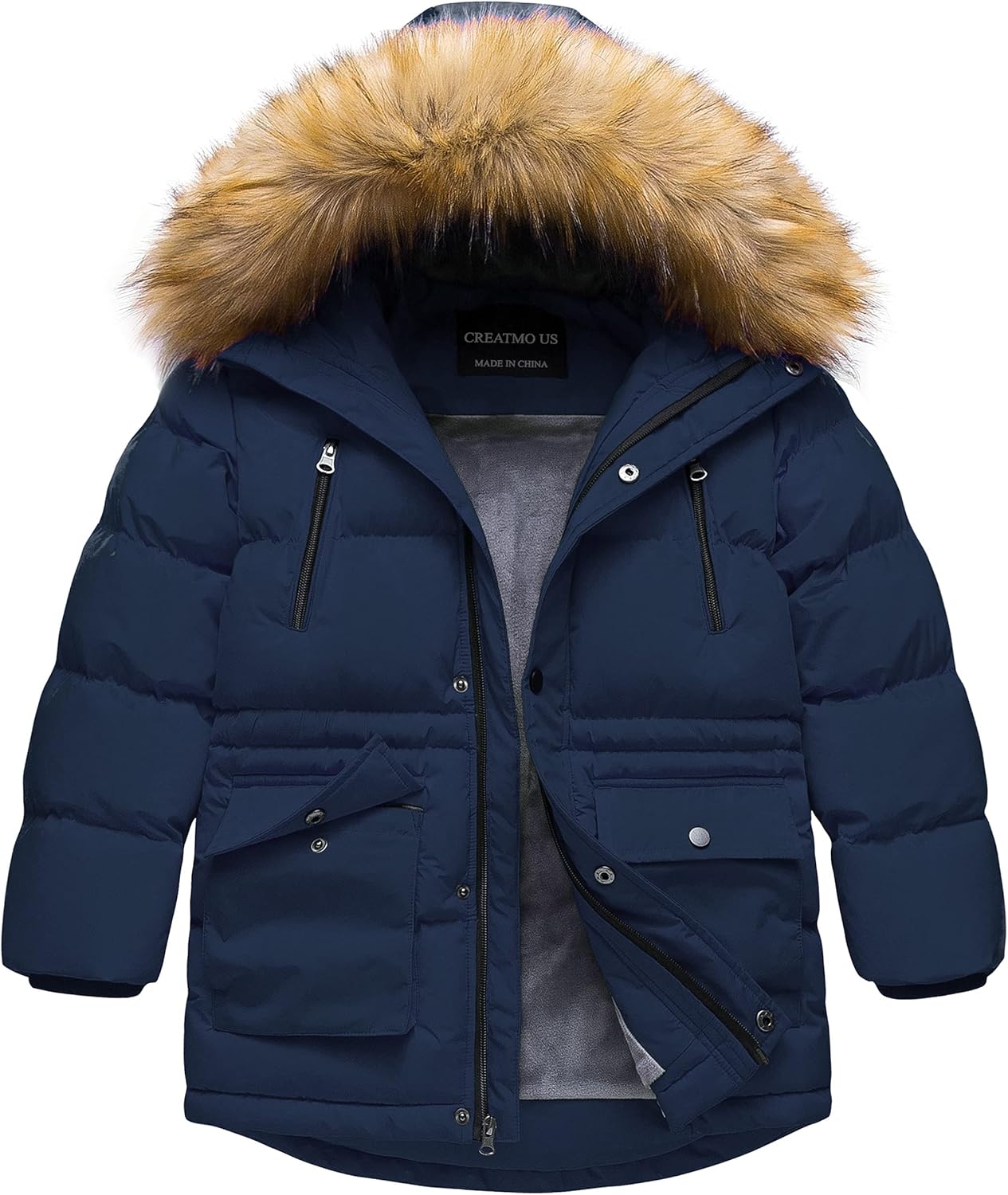 CREATMO US Boys Winter Parka Waterproof Hooded Puffer Fleece Linen Jackets Coats