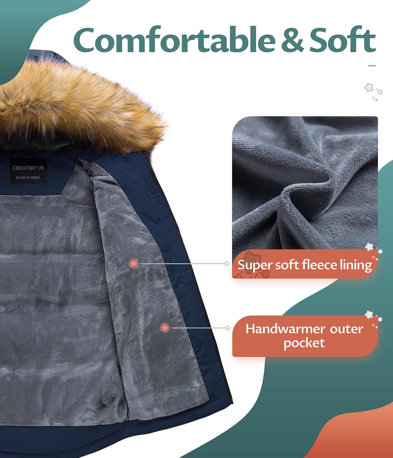 CREATMO US Boys Winter Parka Water Resistant Hooded Puffer Fleece Lined Jackets Coats