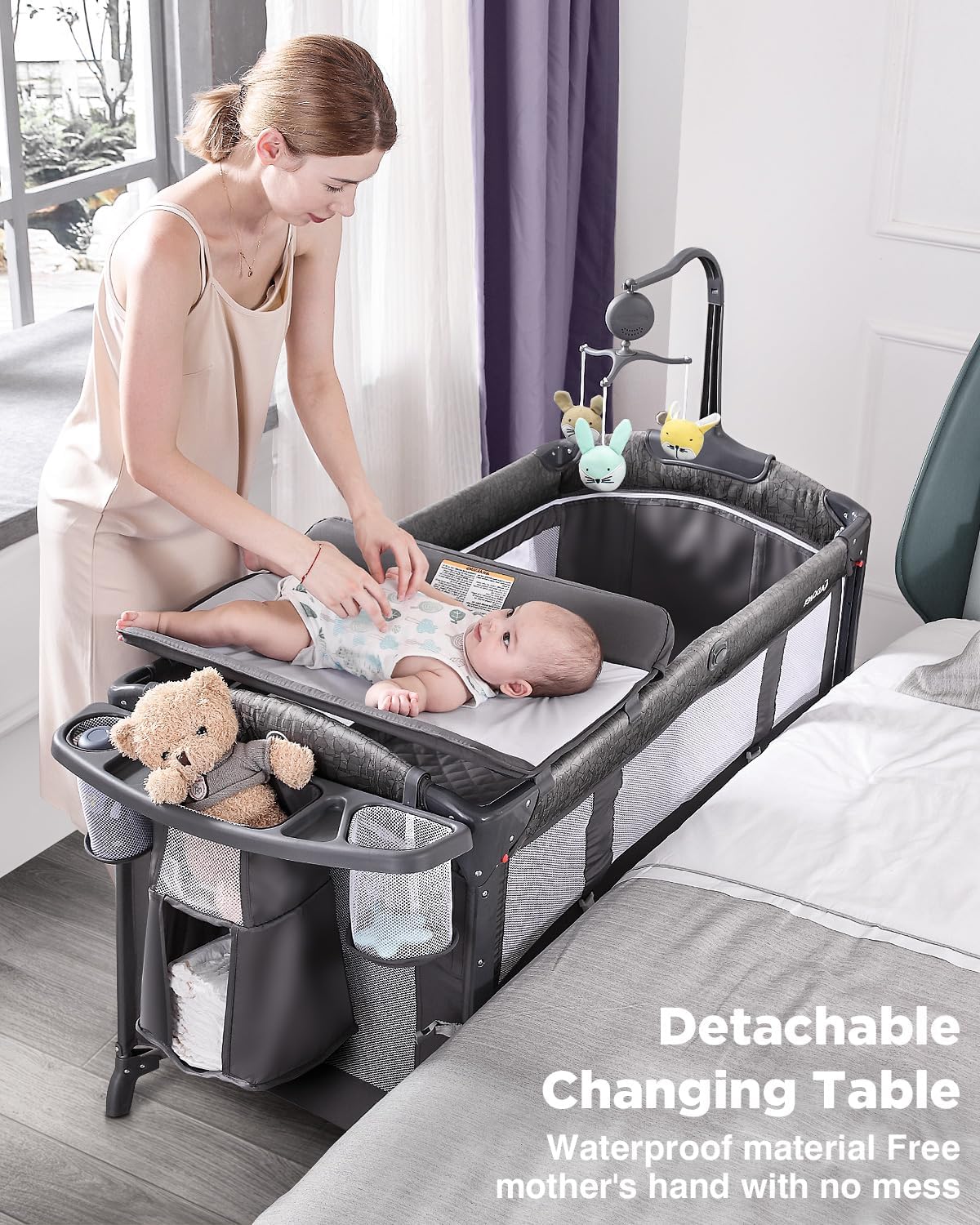 ADOVEL Baby Bassinet Bedside Crib, Pack and Play with Mattress, Diaper Changer and Playards from Newborn to Toddles, Grey