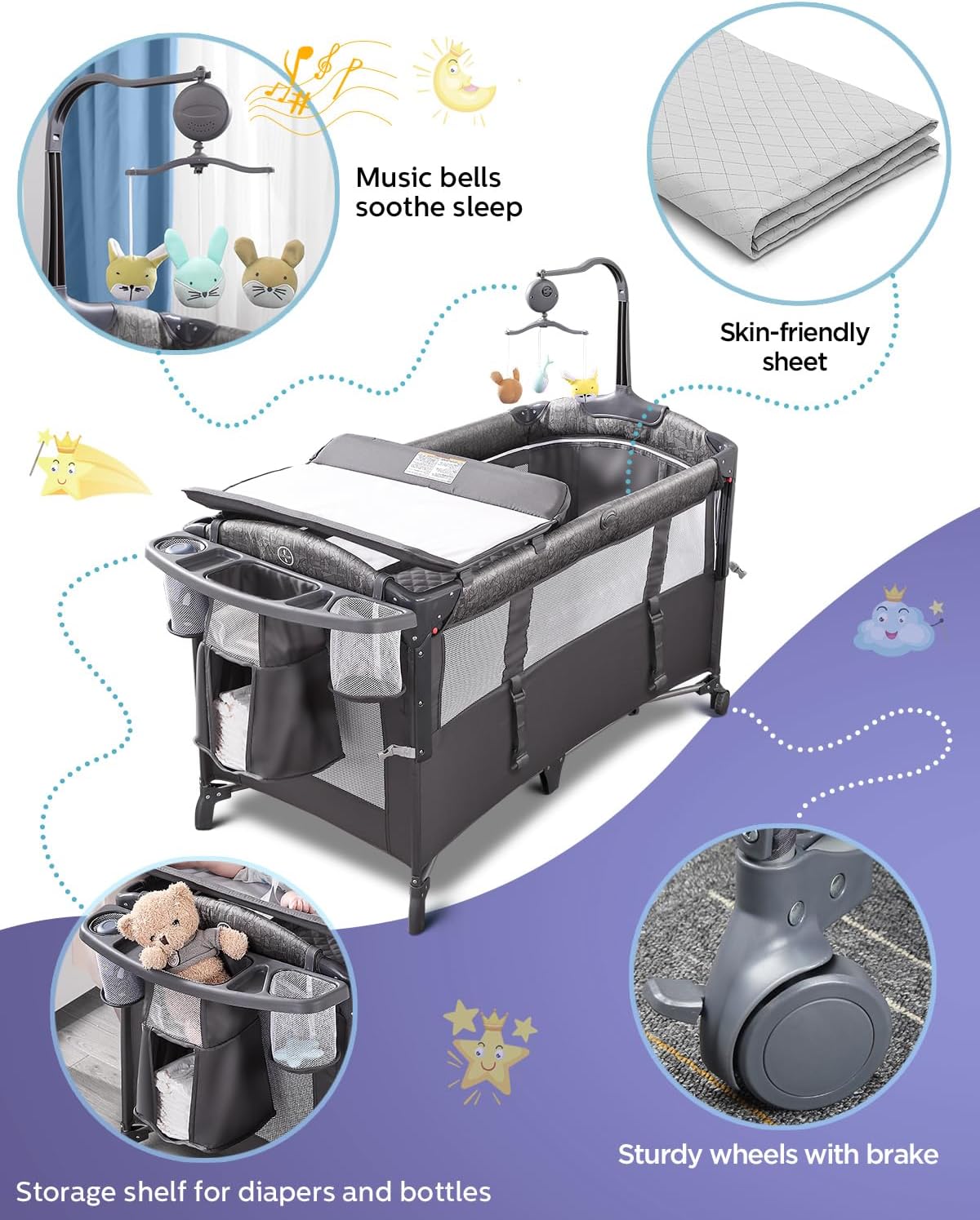 ADOVEL Baby Bassinet Bedside Crib, Pack and Play with Mattress, Diaper Changer and Playards from Newborn to Toddles, Grey