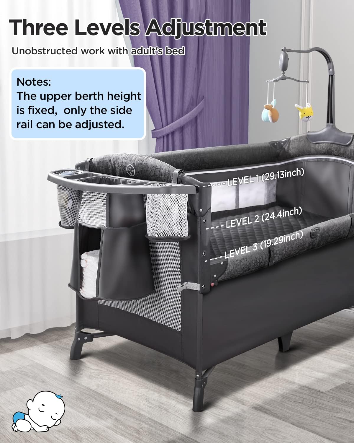 ADOVEL Baby Bassinet Bedside Crib, Pack and Play with Mattress, Diaper Changer and Playards from Newborn to Toddles, Grey
