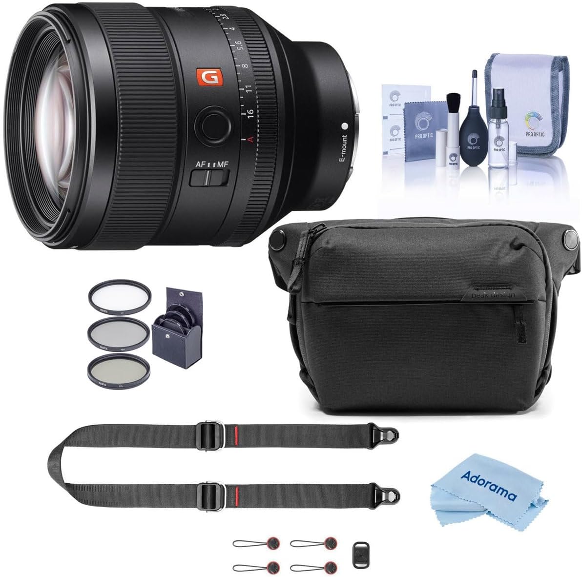 Obiettivo Sony FE 85mm f/1.4 GM per Sony E, pacchetto con Peak Design 6L Everyday Sling V2, cinturino SlideLite, kit filtri da 77 mm, kit di pulizia, panno di pulizia