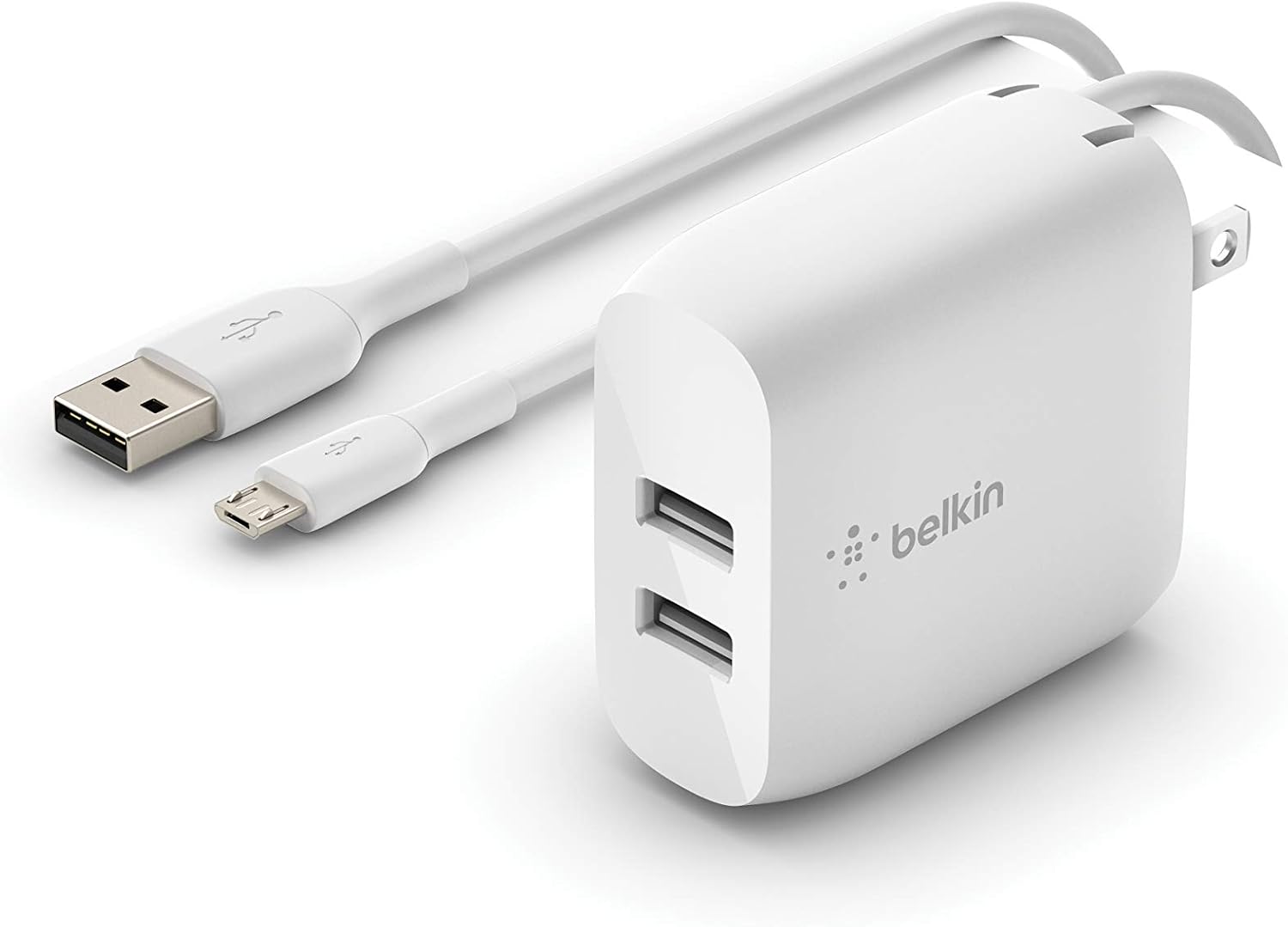 Chargeur mural USB à deux ports Belkin 24 W - Câble micro USB inclus - Chargeur pour iPhone à chargement rapide - Bloc chargeur USB pour batterie externe, haut-parleurs portables, écouteurs sans fil, smartphones, etc.