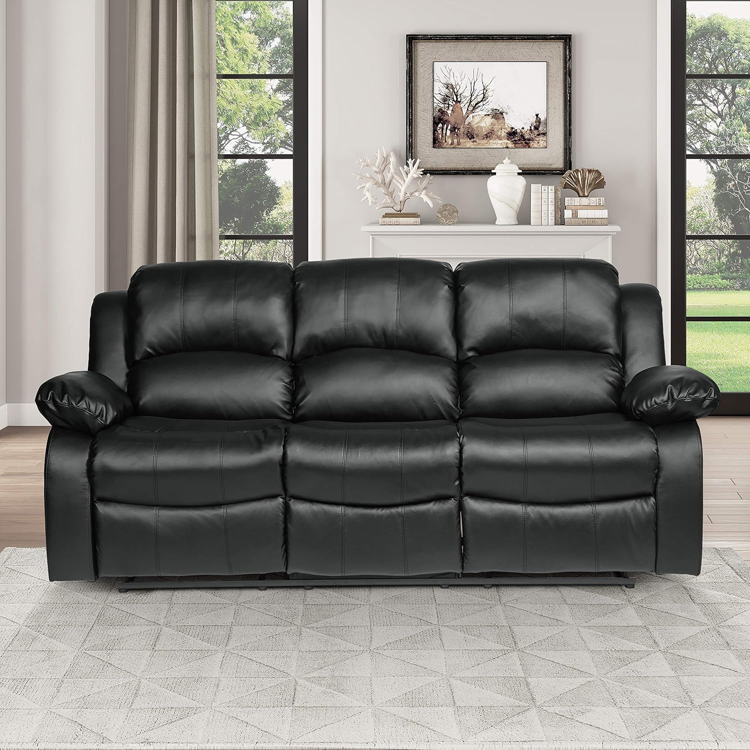 Lexicon Manual Pull Tab Double Reclining Sofa Theater Seating, Wall Hugger Dual Recliner Sofa for Living Room/Office/RV, Faux Leather, 83’’W Sofa, Black · v2
