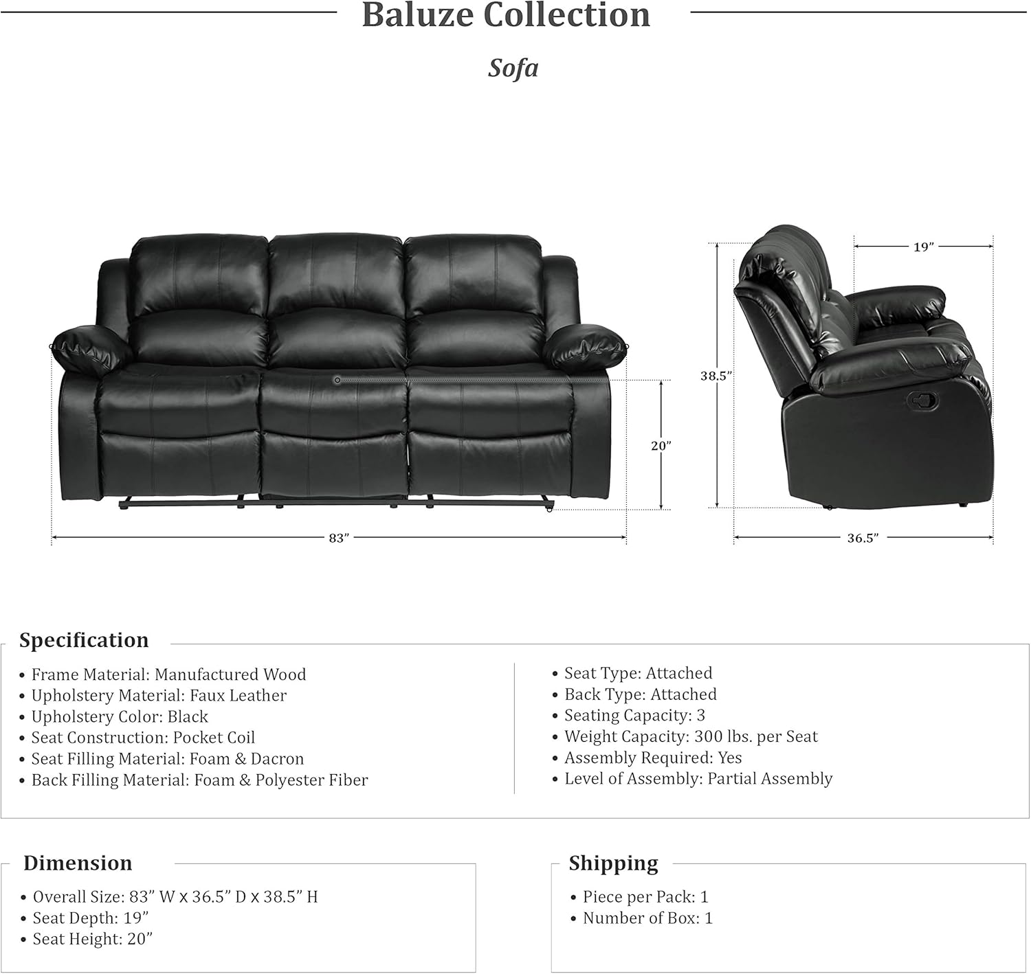 Lexicon Manual Pull Tab Double Reclining Sofa Theater Seating, Wall Hugger Dual Recliner Sofa for Living Room/Office/RV, Faux Leather, 83’’W Sofa, Black · v2