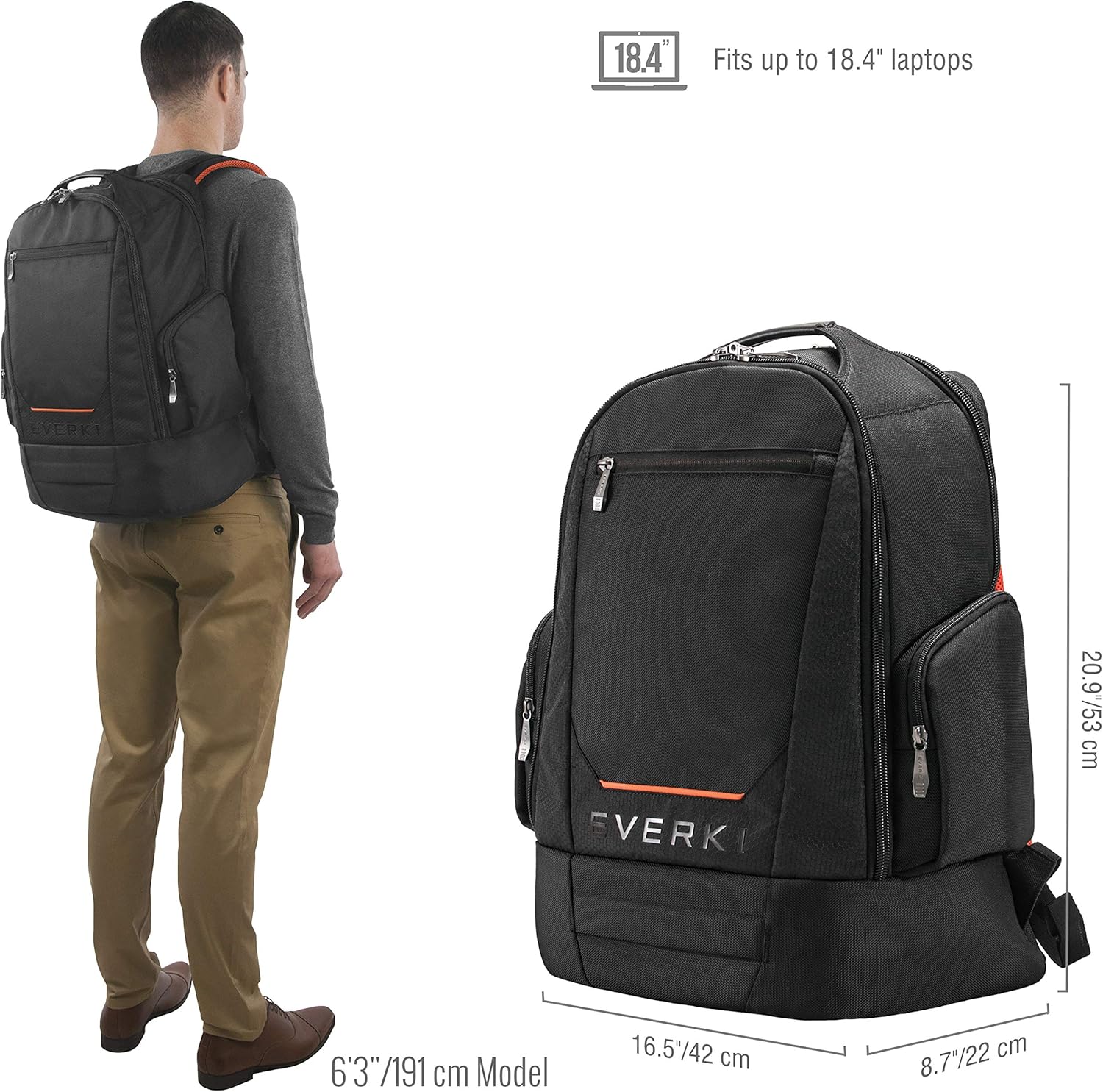 Everki ContemPRO 117 กระเป๋าเป้สะพายหลังสำหรับใส่โน้ตบุ๊กขนาดใหญ่พร้อมผ้าคลุมกันฝน - กระเป๋าเป้สะพายหลังสำหรับธุรกิจขนาด 17-18.4 นิ้ว ช่องเก็บของขนาดใหญ่ กระเป๋าเป้สะพายหลังสำหรับใส่โน้ตบุ๊กสำหรับการเดินทาง ความจุ 42 ลิตร (EKP117B) สีดำ