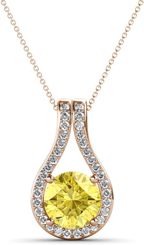 TriJewels Round Yellow Sapphire  Natural Diamond Accent 1 1/8 ctw Women Teardrop Pendant Necklace. Included 16 Inches 14K Gold Chain · v2