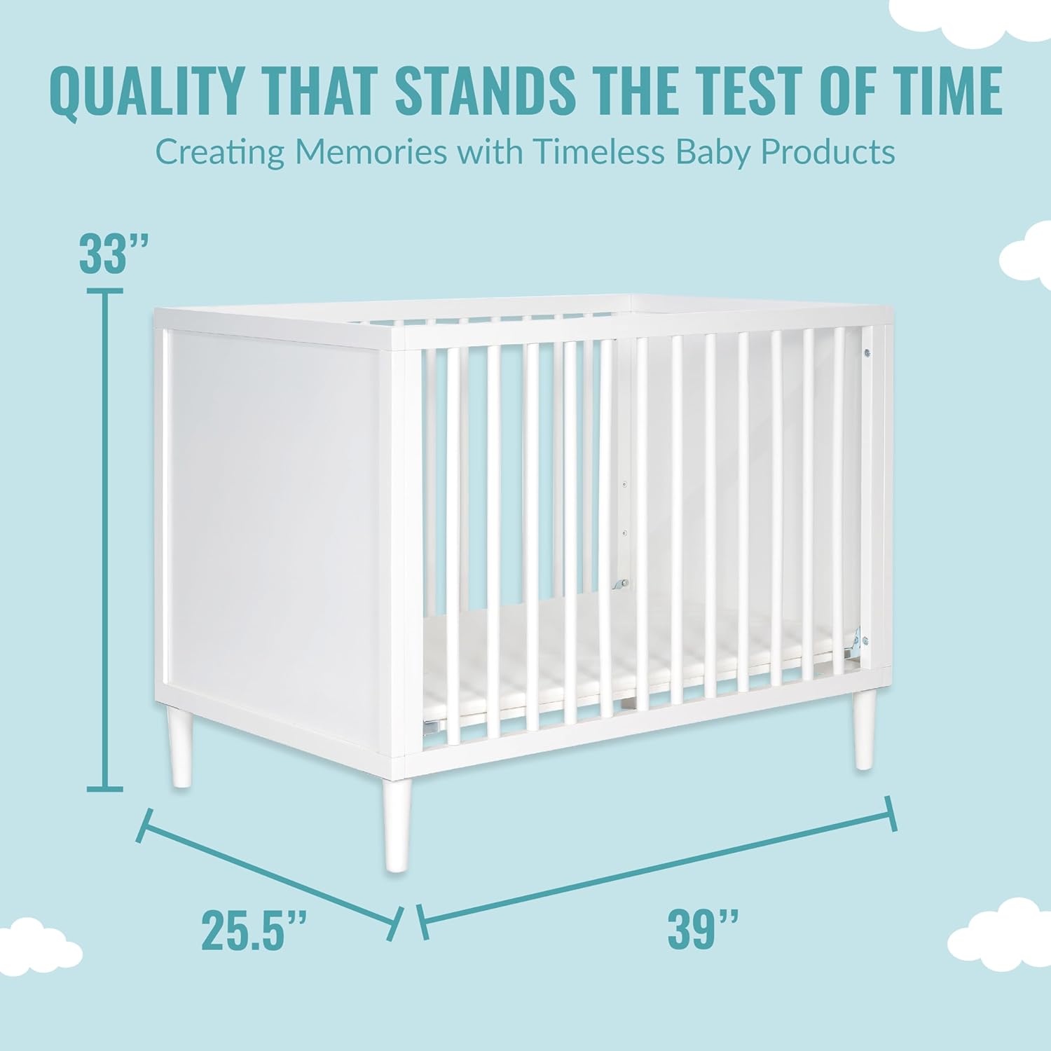 Lucas Mini Modern Crib with Rounded Spindles in White , 39x25.5x33 Inch (Pack of 1)