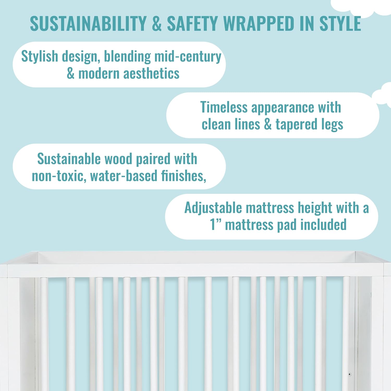 Lucas Mini Modern Crib with Rounded Spindles in White , 39x25.5x33 Inch (Pack of 1)
