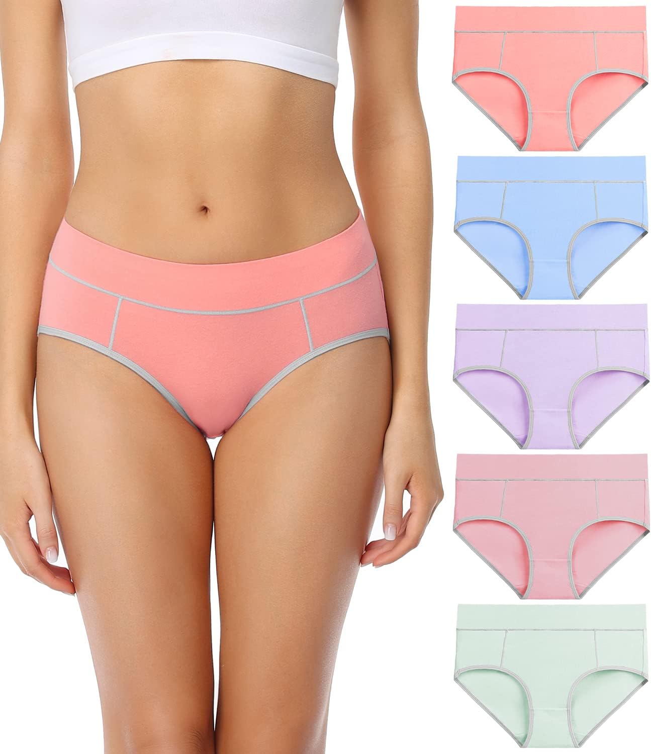 wirarpa Womens Cotton Underwear Stretch Mid Waisted Briefs Ladies Panties 5 Pack (Regular  Plus Size)