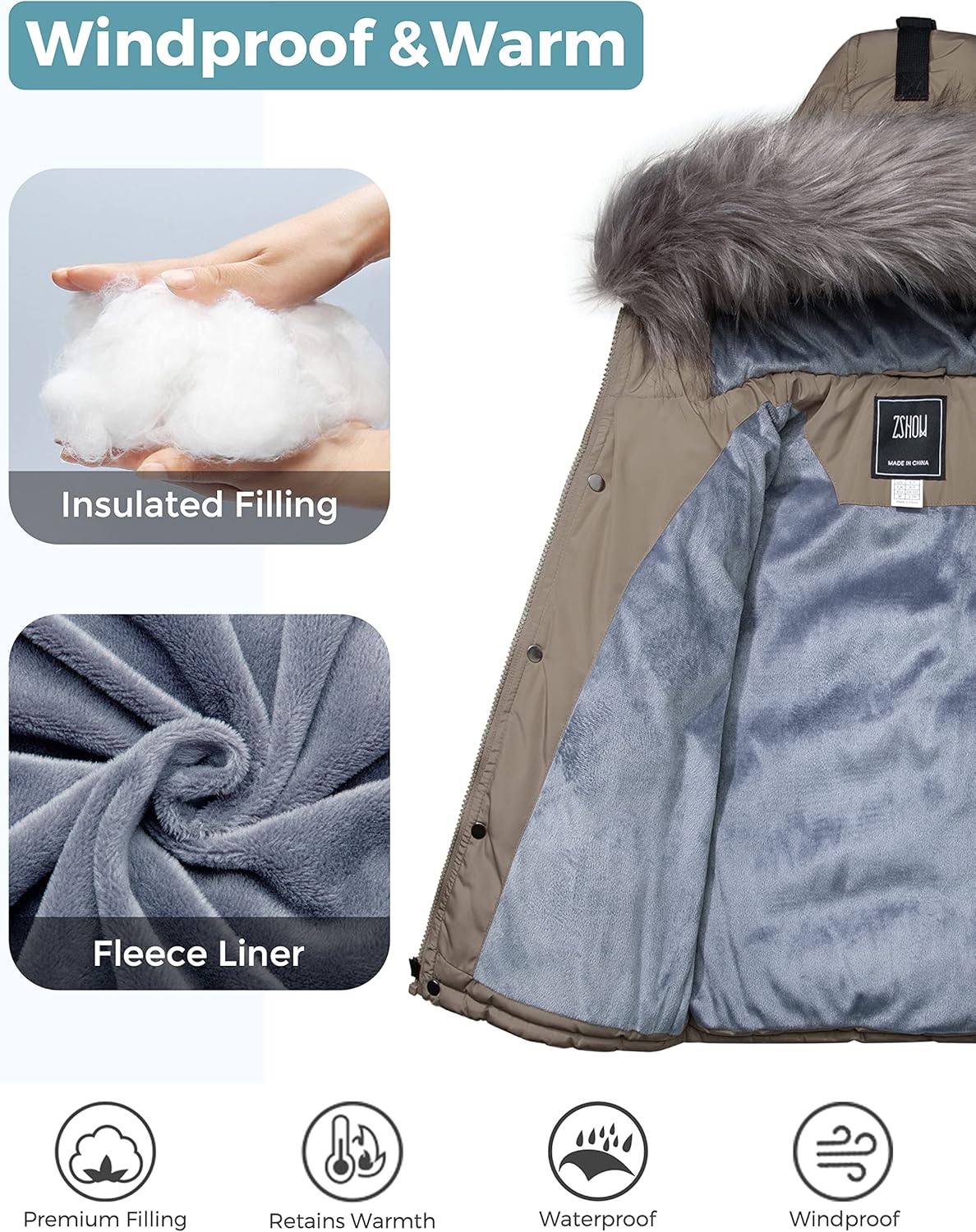 ZSHOW Boys Winter Jacket Thick Fleece Lined Parka Windproof Quilted Puffer Jacket